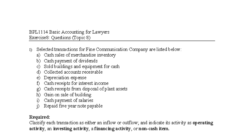 BPL1114 E8 - Basic Accounting for Lawyers: Cash Flow Classification ...