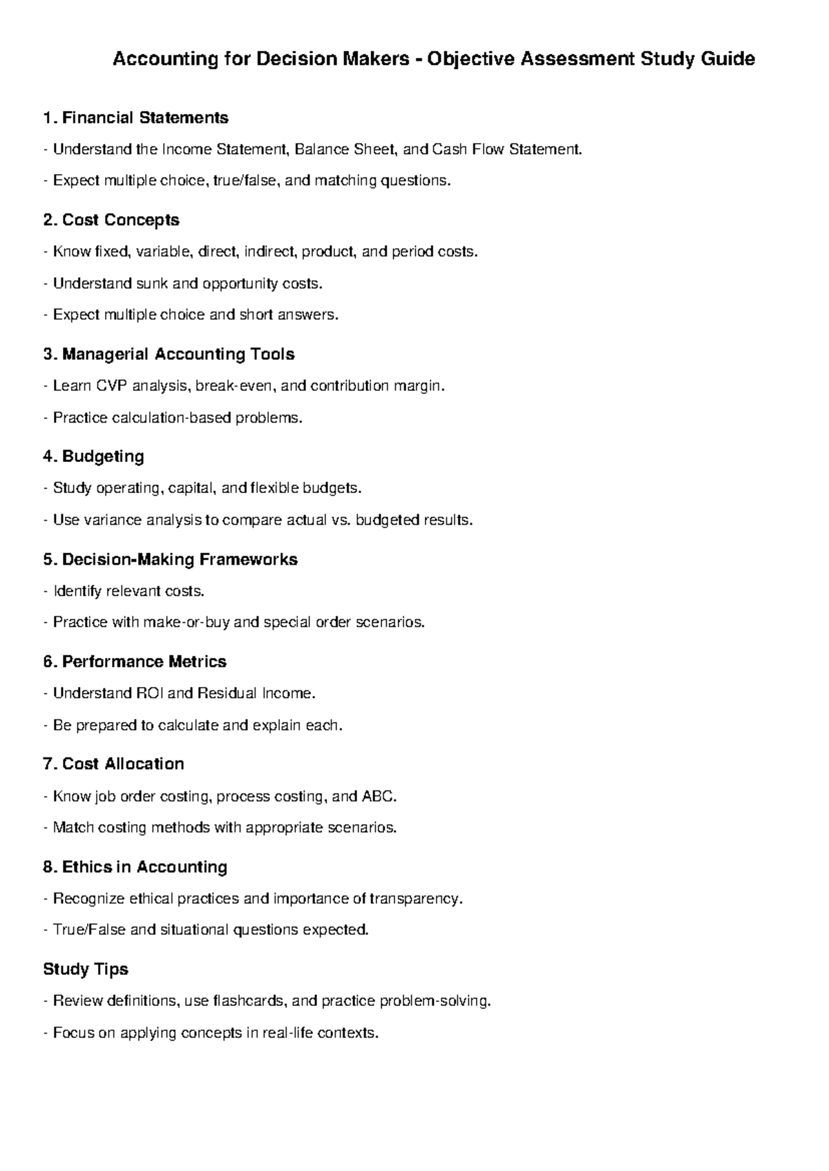 ACC 101: Objective Assessment Study Guide for Decision Makers - Studocu