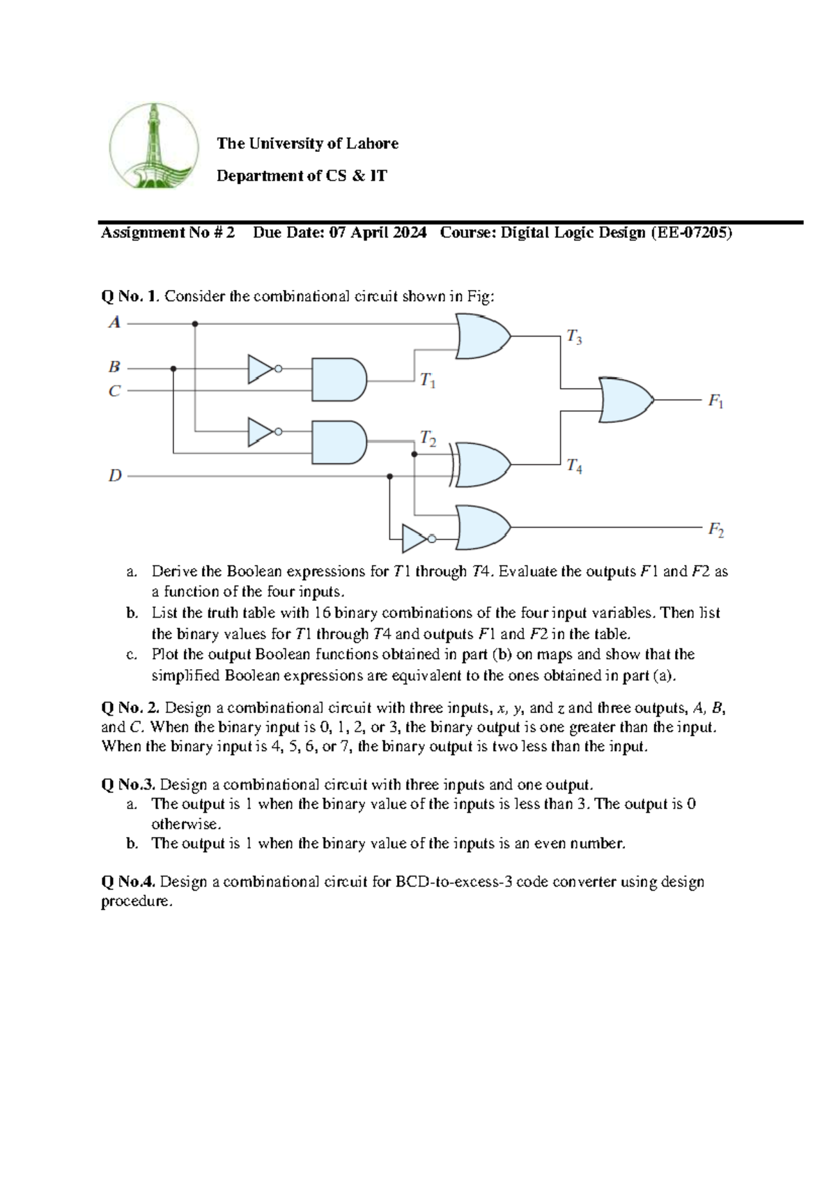 EE-07205 Assignment No 2: Combinational Circuit Design Techniques - Studocu