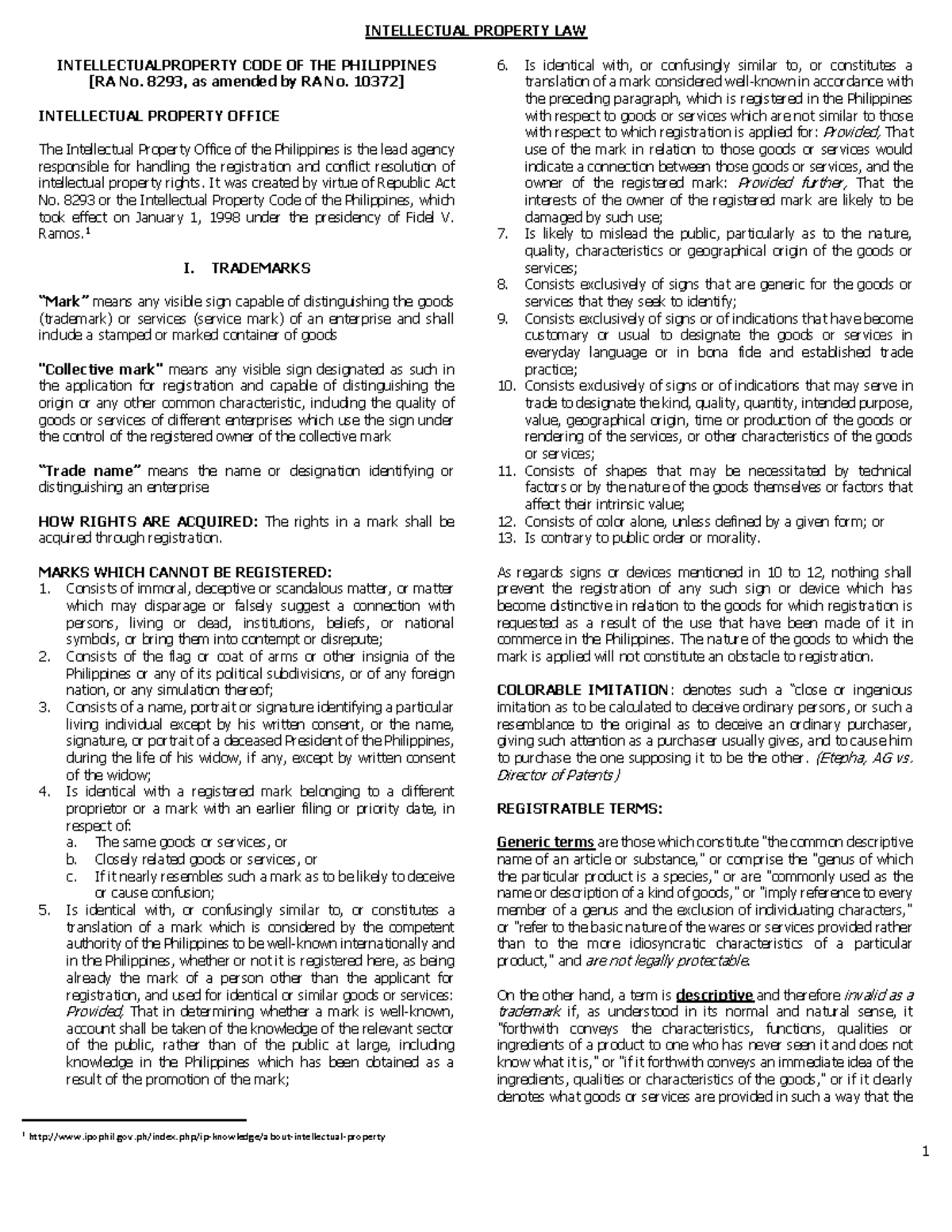 INTELLECTUAL PROPERTY LAW: CODE OF THE PHILIPPINES (RA 8293) - Studocu
