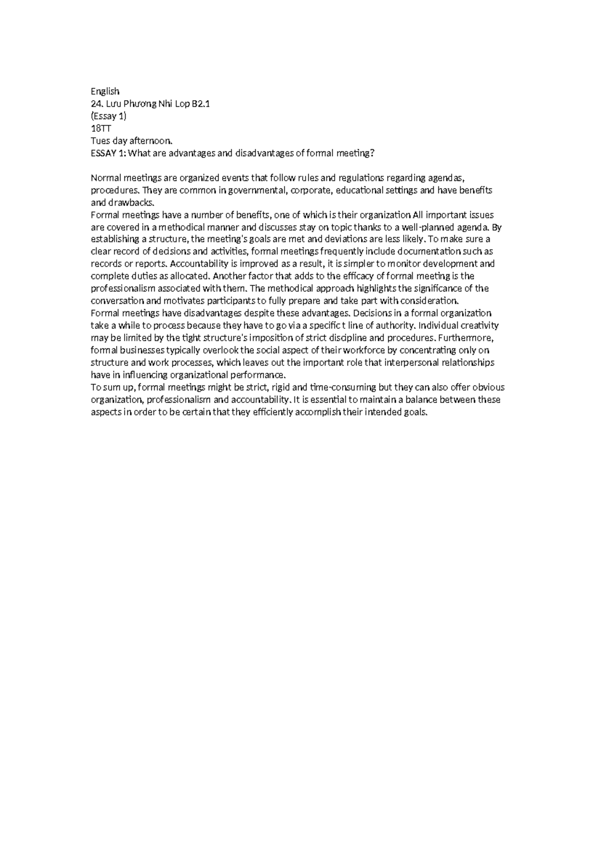 LMEO - Advantages & Disadvantages of Formal Meetings (Essay 1) - Studocu