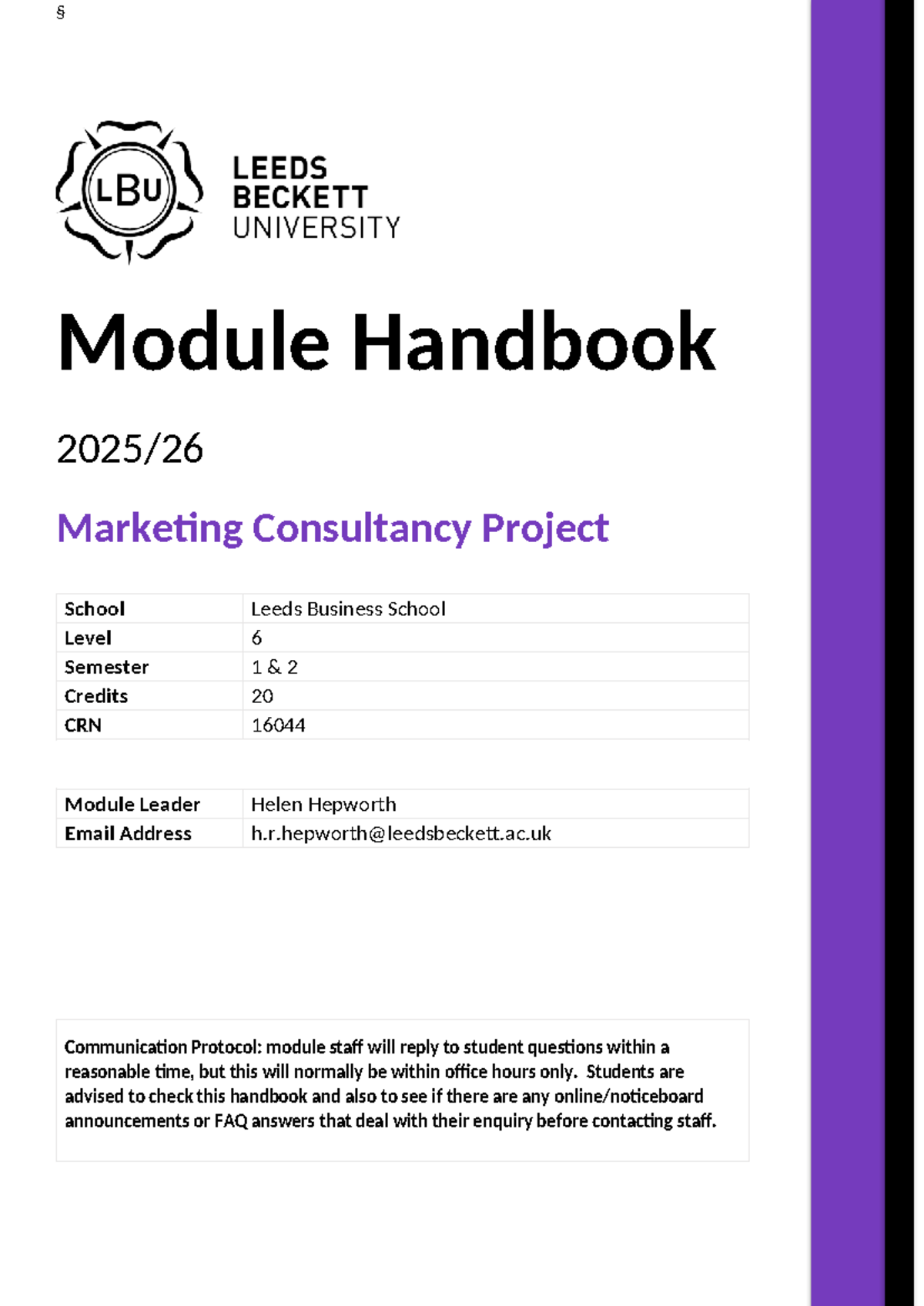 2025/26 Module Handbook: Marketing Consultancy Project Overview - Studocu