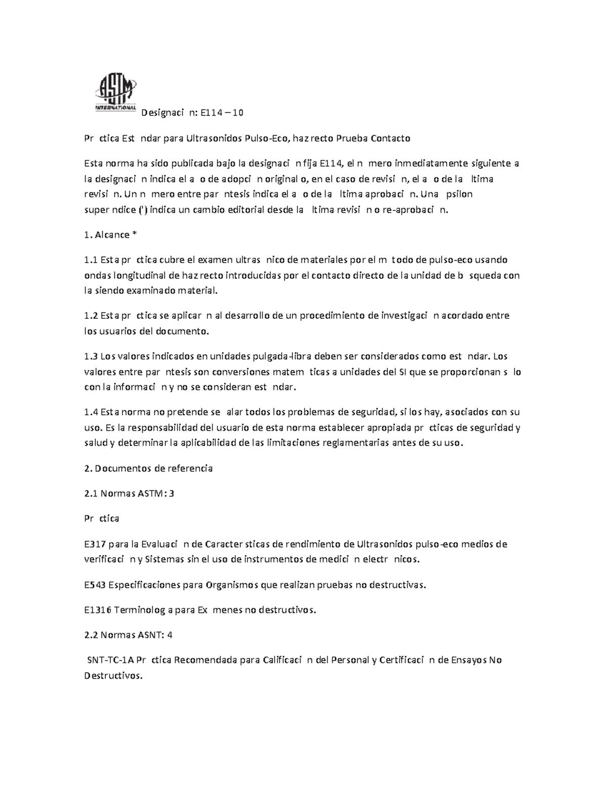 Práctica Estándar E114 para Ultrasonidos de Haz Recto y Contacto - Studocu