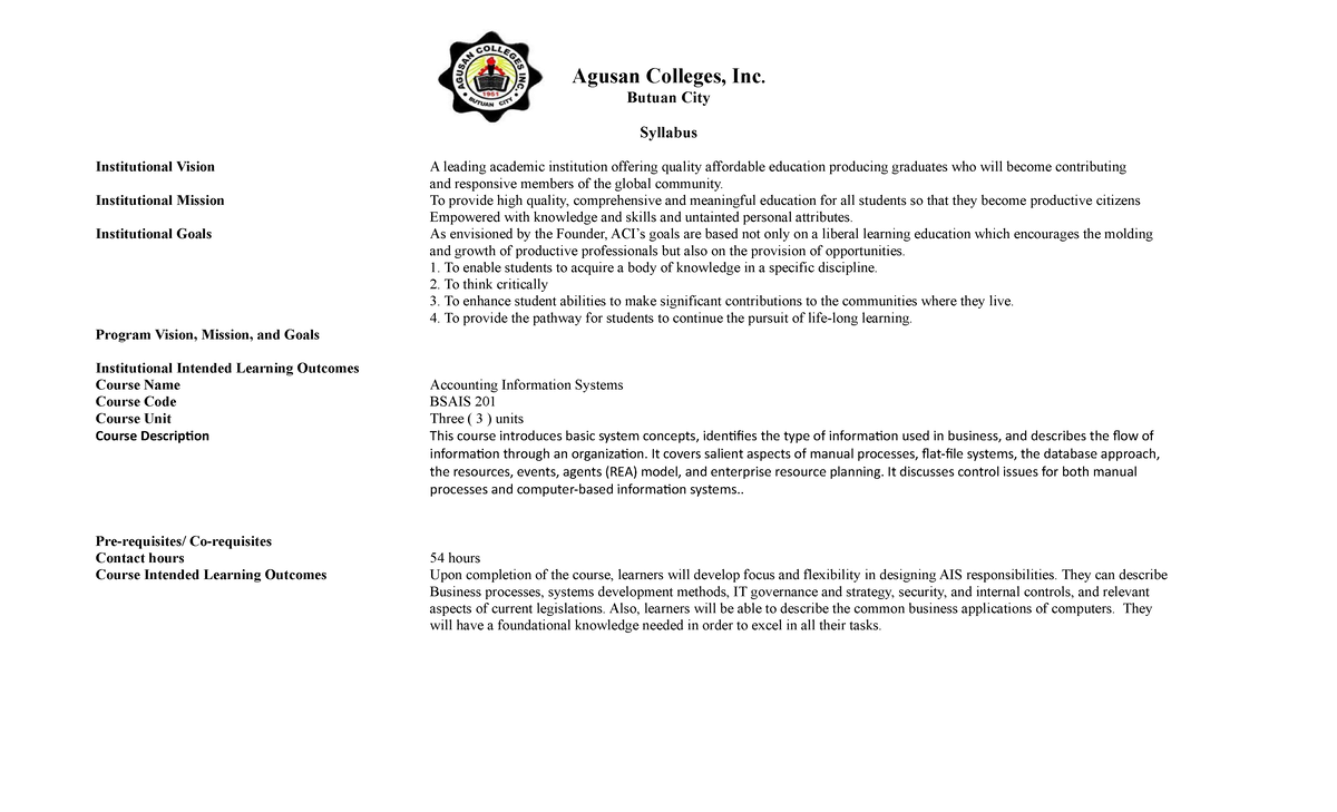 Bsais 201 - Lecture notes adadada - Agusan Colleges, Inc. Butuan City ...