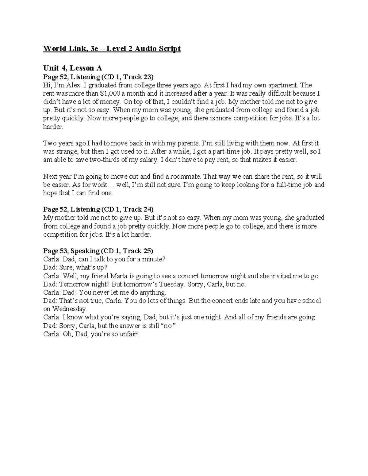 Wl3e level 02 u04 audio scriptdsdsdsd - World Link, 3e – Level 2 Audio ...