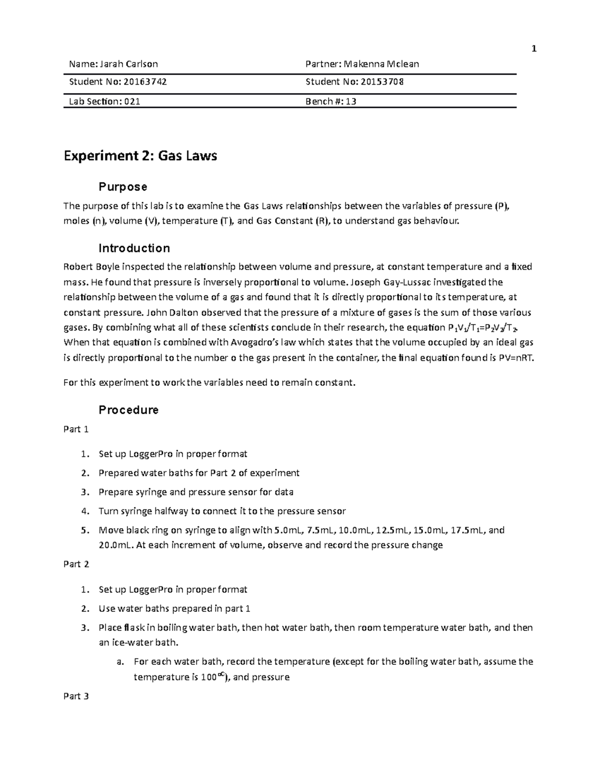 Gas Laws Lab Report - Chem 2 - Experimental Analysis (2019) - Studocu