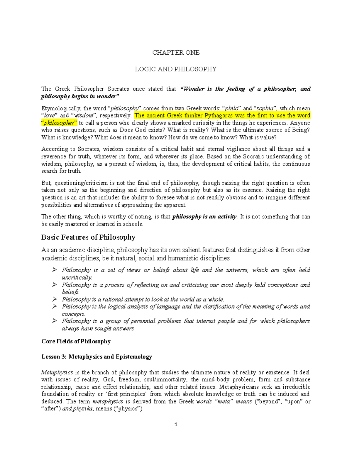 Chapter one Logic and Philosophy - CHAPTER ONE LOGIC AND PHILOSOPHY The ...
