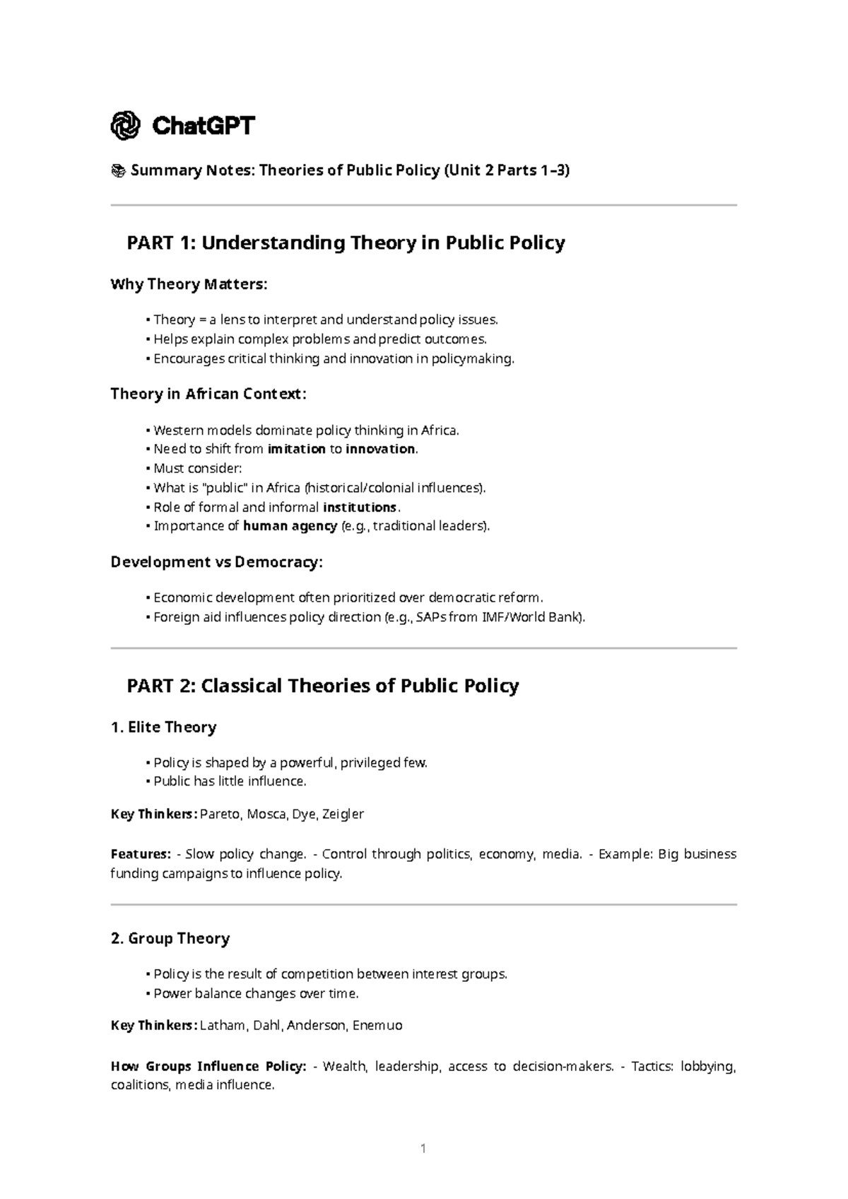 Public Policy Theories Notes (Course Code: POL 202) - Unit 2 Summary ...