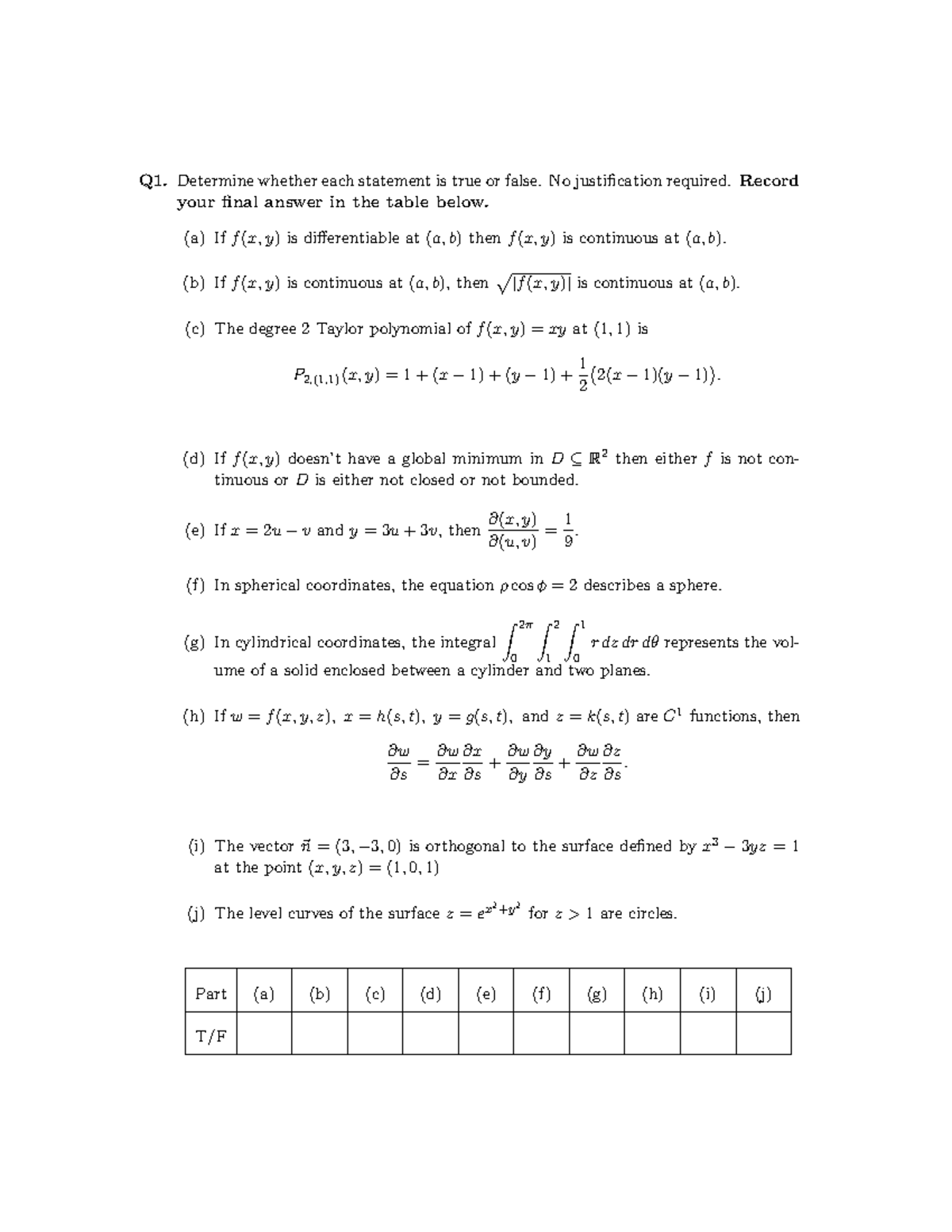 Sample final exam for MATH 237: True/false and problem-solving ...