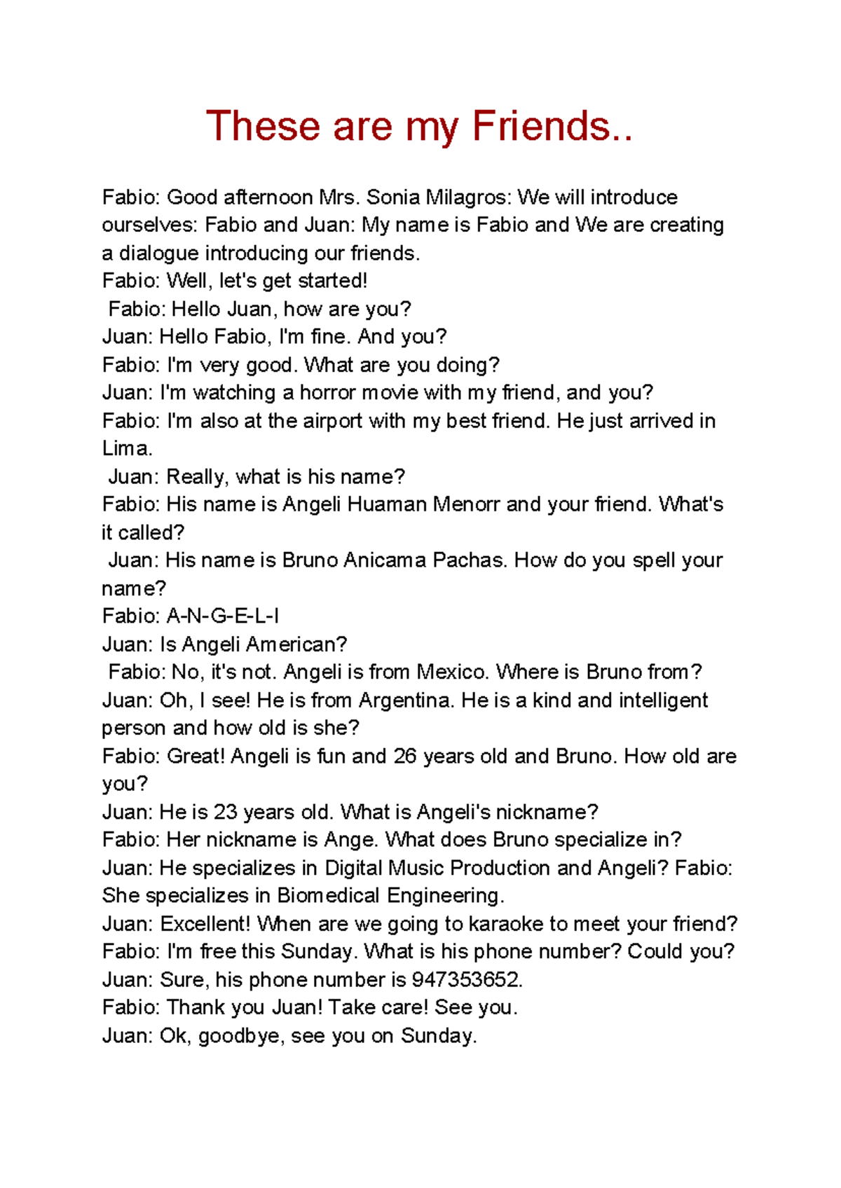 Dialogue Introducing Friends: Fabio & Juan's Conversation - Studocu