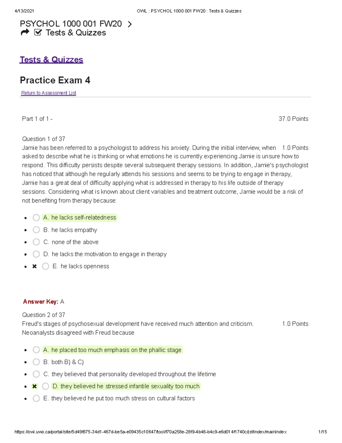 Practice Final Exam for Intro to Psychology 1000 (Answers are included ...