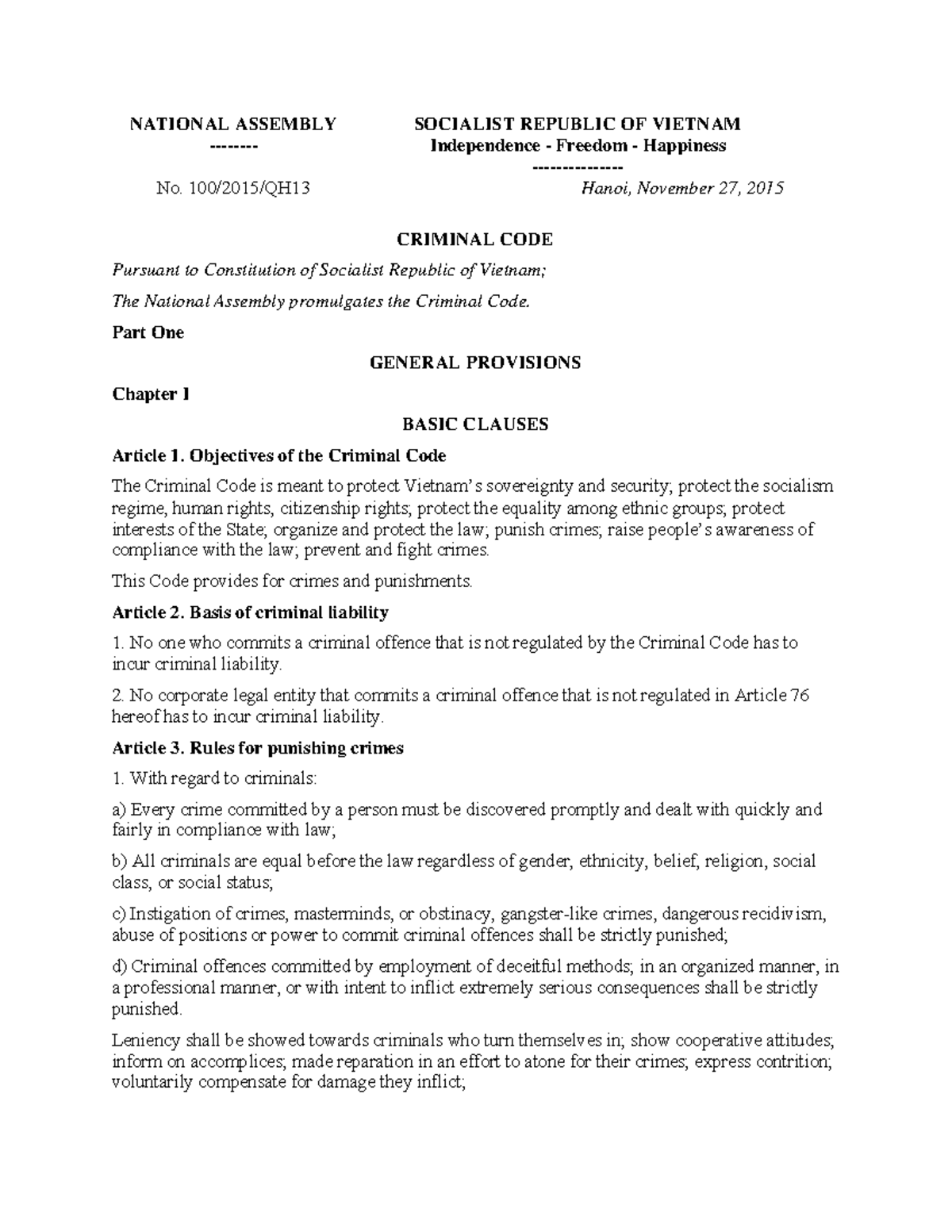 Vietnam Criminal Code 2015 (English Translation) - Full Text Overview ...