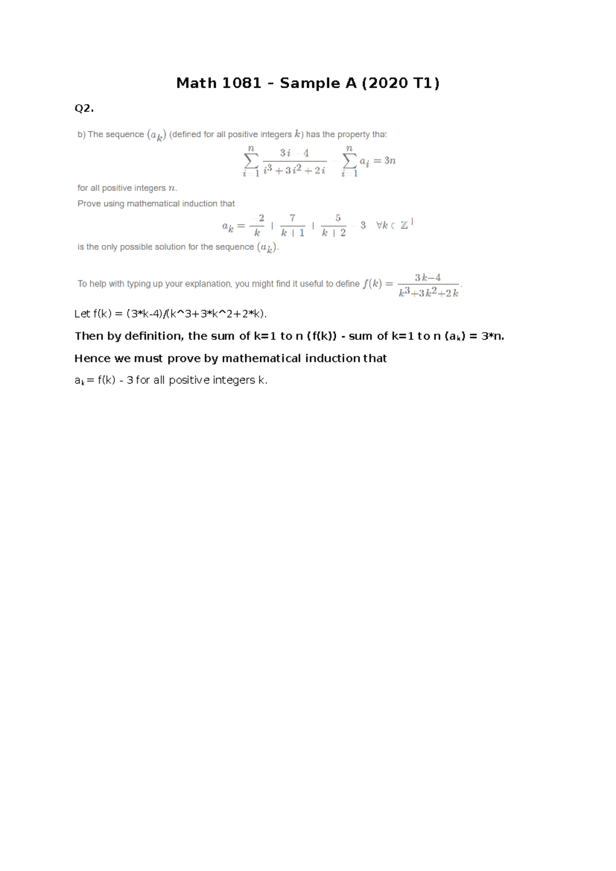 1081 Final Exam - MATH1081 - Math 1081 – Sample A (2020 T1) Q2. Let f(k ...