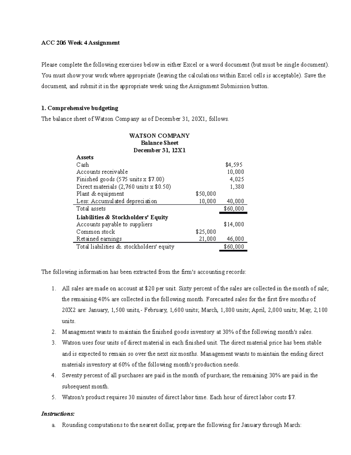 ACC 206 Week 4 Comprehensive Budgeting & Flexible Budgeting Assignment ...