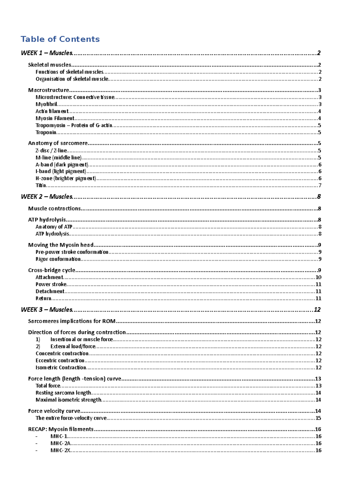 EXSS1036 Muscle Lecture Notes - Table of Contents WEEK 1 – - Studocu