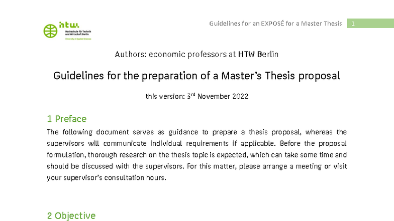 Guidelines for Master Thesis Exposé (HTW Berlin, Nov 2022) - Studocu