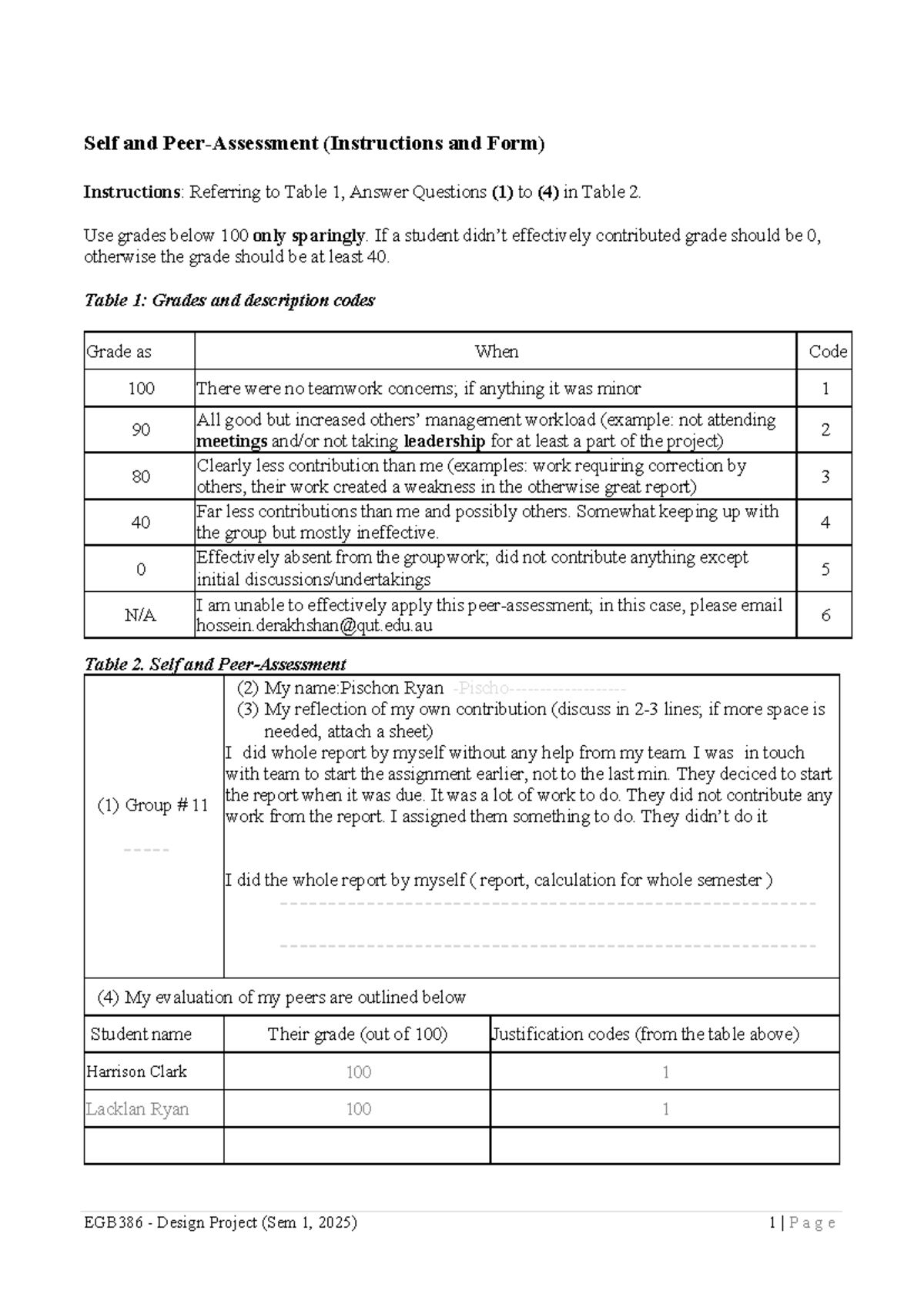 EGB386 Design Project (Sem 1, 2025) Self & Peer Assessment Guide - Studocu