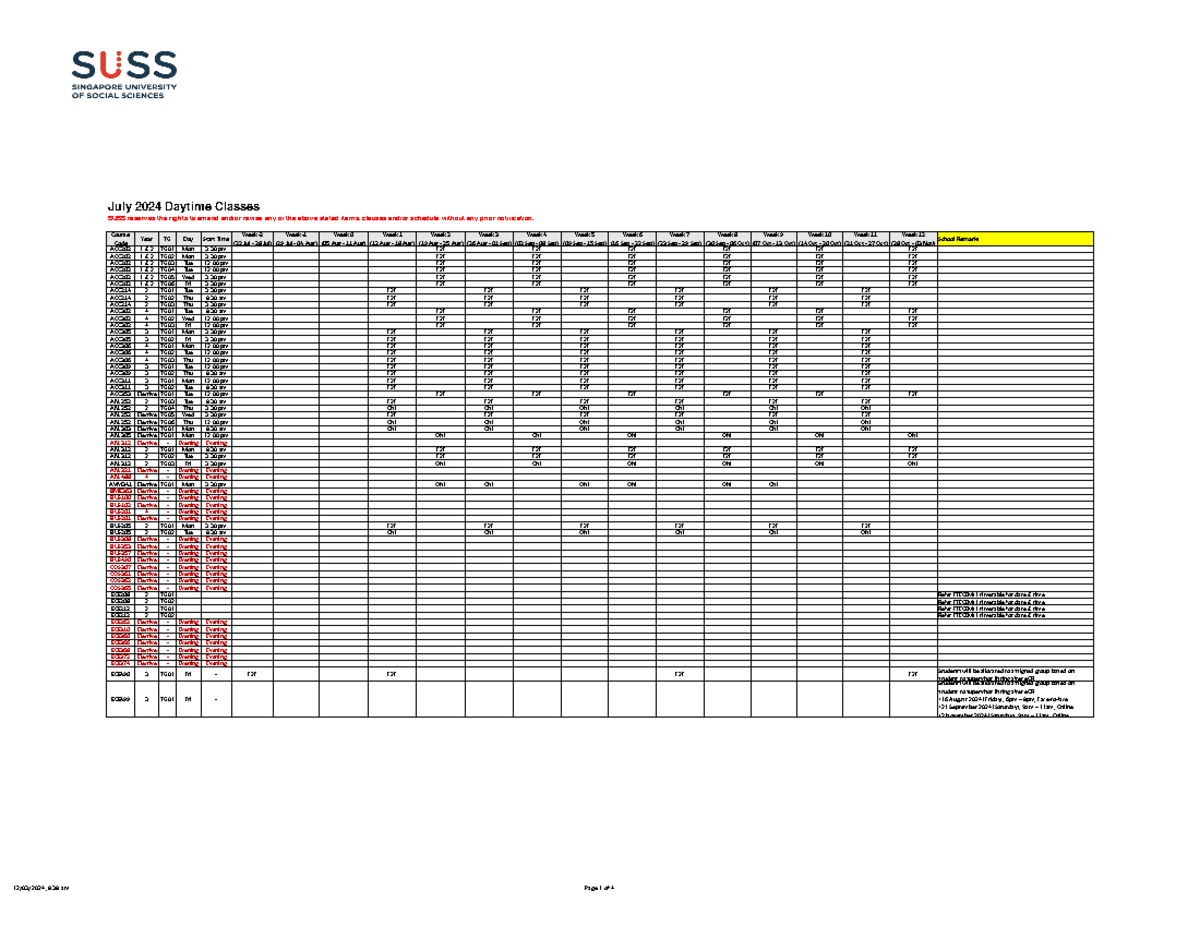 July 2024 Daytime Classes Schedule (SUSS) - Studocu