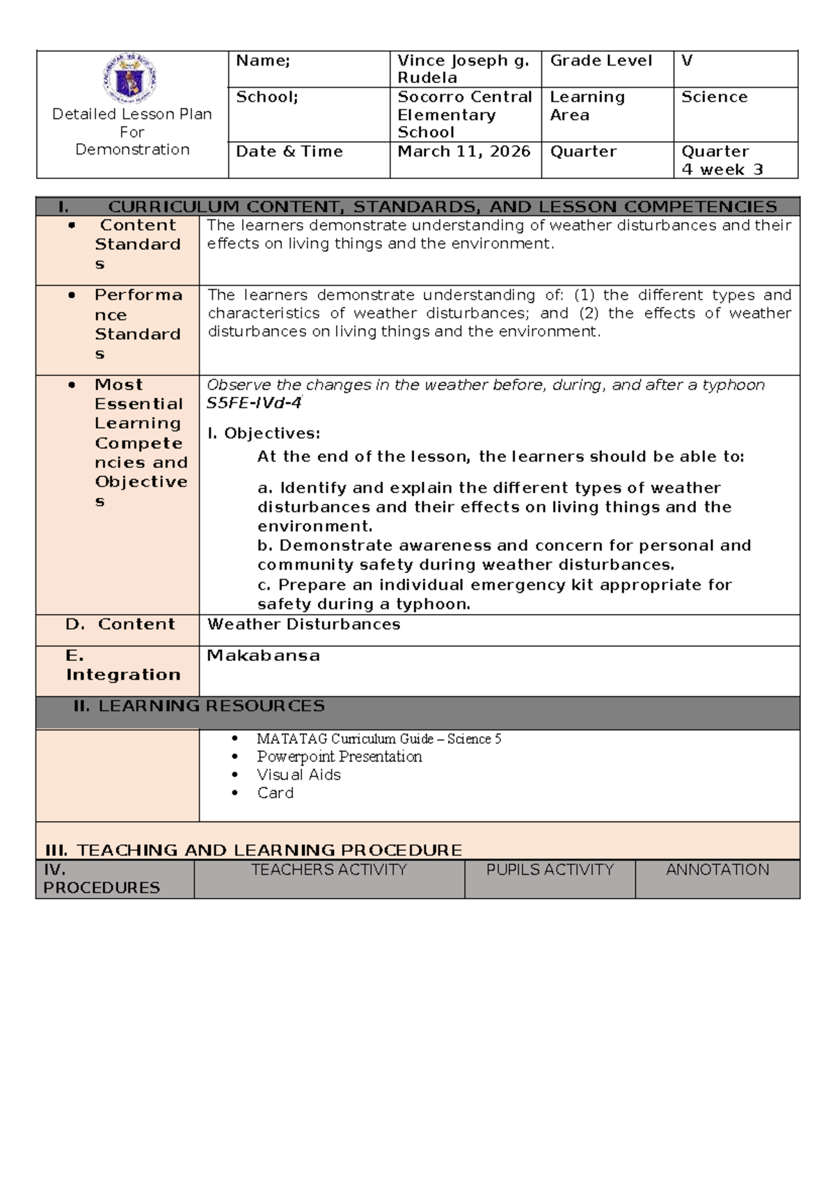 Detailed Lesson Plan: Weather Disturbances (Grade 5, Q4) - Studocu