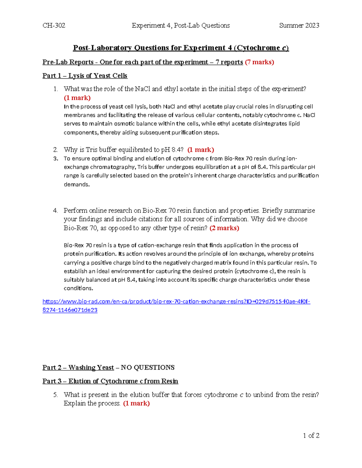 Post-Lab Questions for Experiment 4 (Biochemistry) - Summer 2023 - Studocu