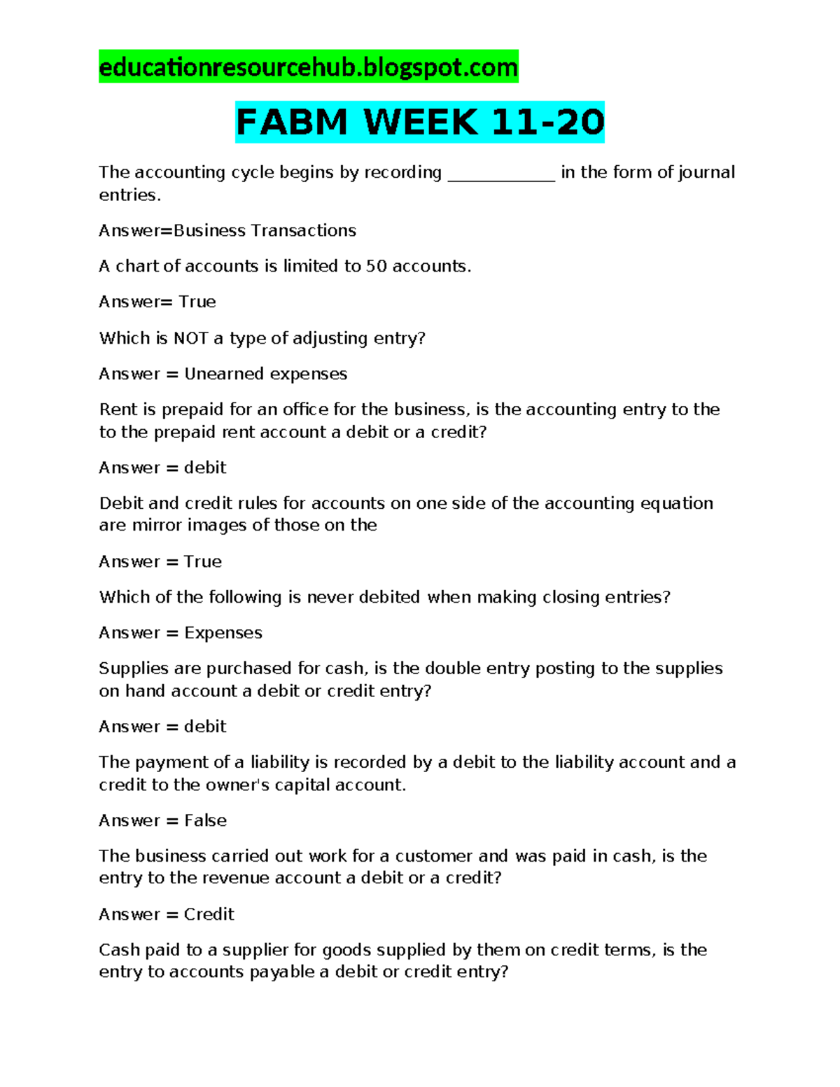 FABM-112 Week 11-20: Understanding the Accounting Cycle and Entries ...