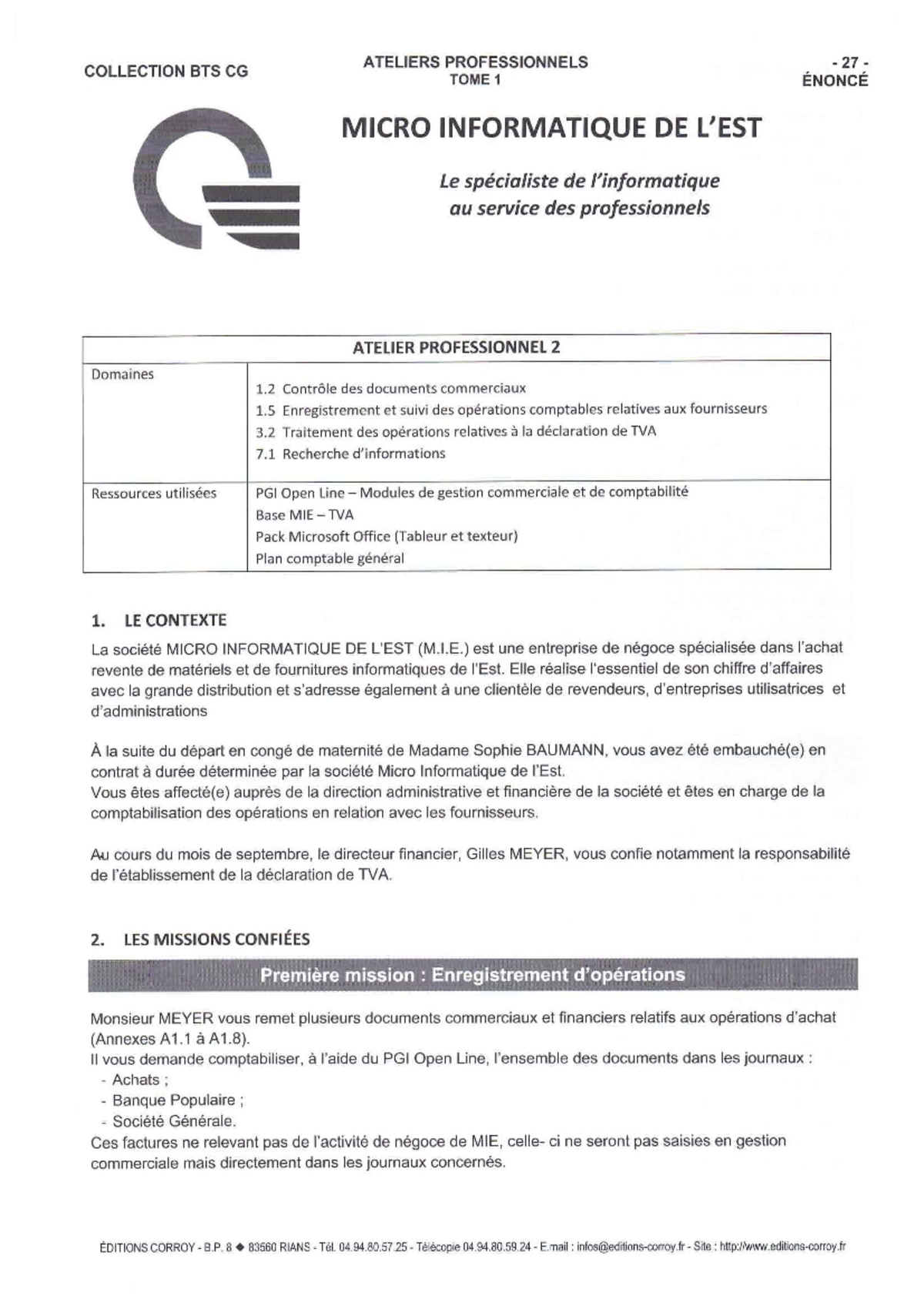 SP 2 - Sujet - MIE TVA - ATELIERS PROFESSIONNELS COLLECTION BTS CG TOME ...