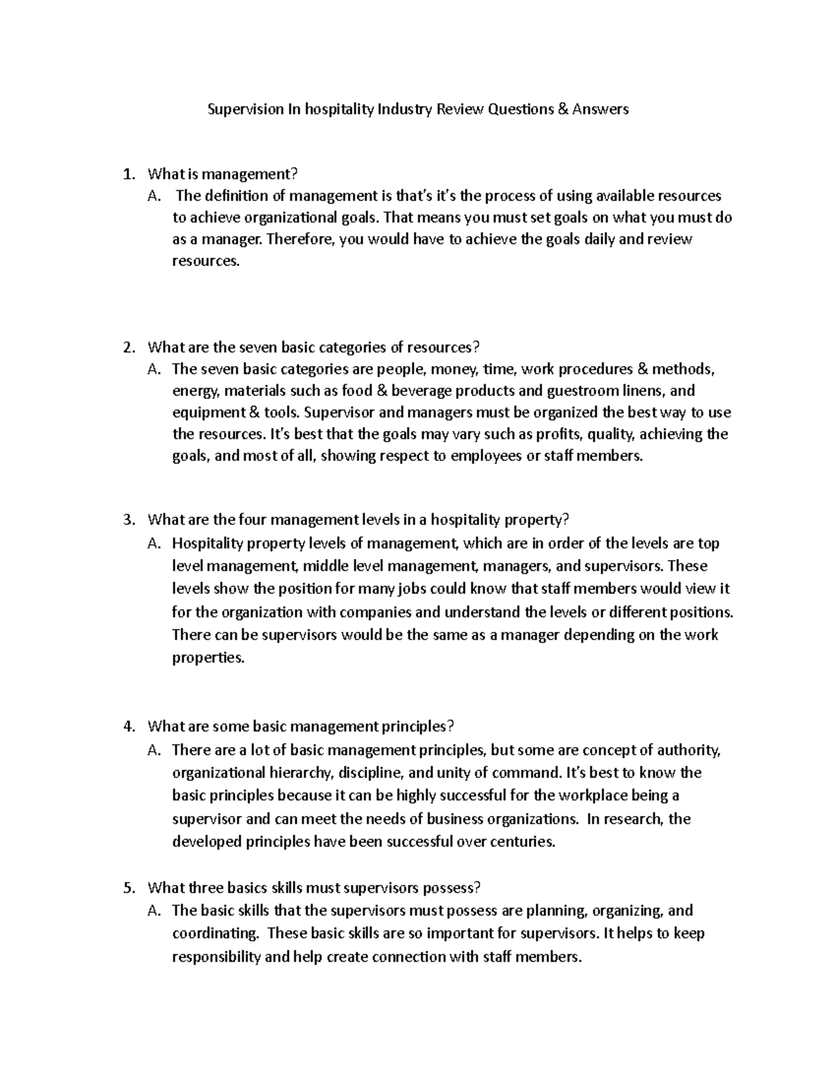 Supervision Review questions and answers - Supervision In hospitality ...