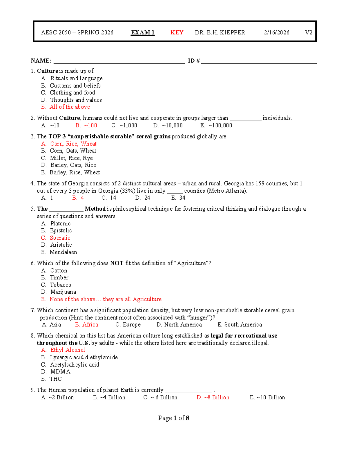 AESC 2050 Spring 2026 Exam 1 Answer Key - Version 2 - Studocu