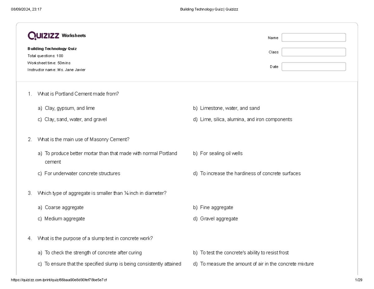 Bt 1 Building Technology Practice Exam with Answer Key - Document Preview