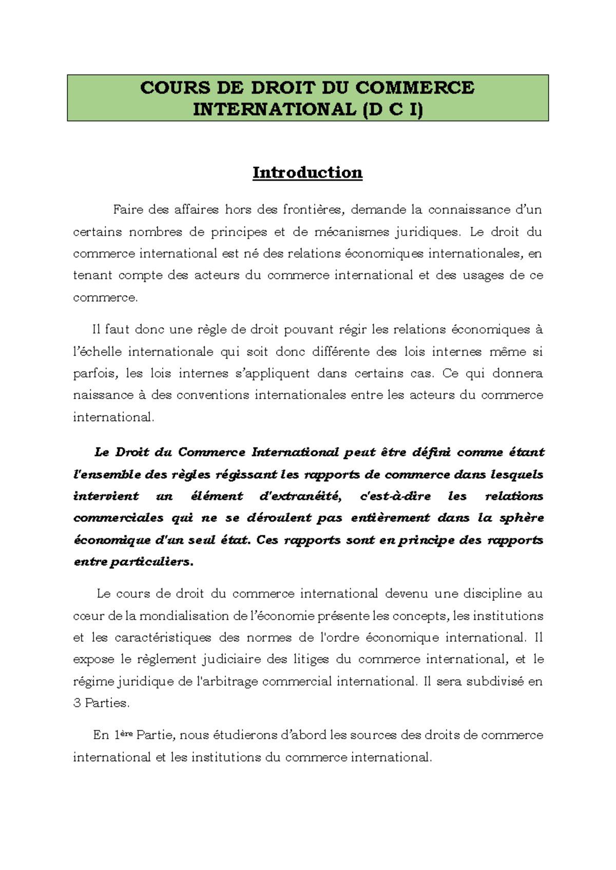 Cours de Droit du Commerce International - Chapitre 1: Sources ...