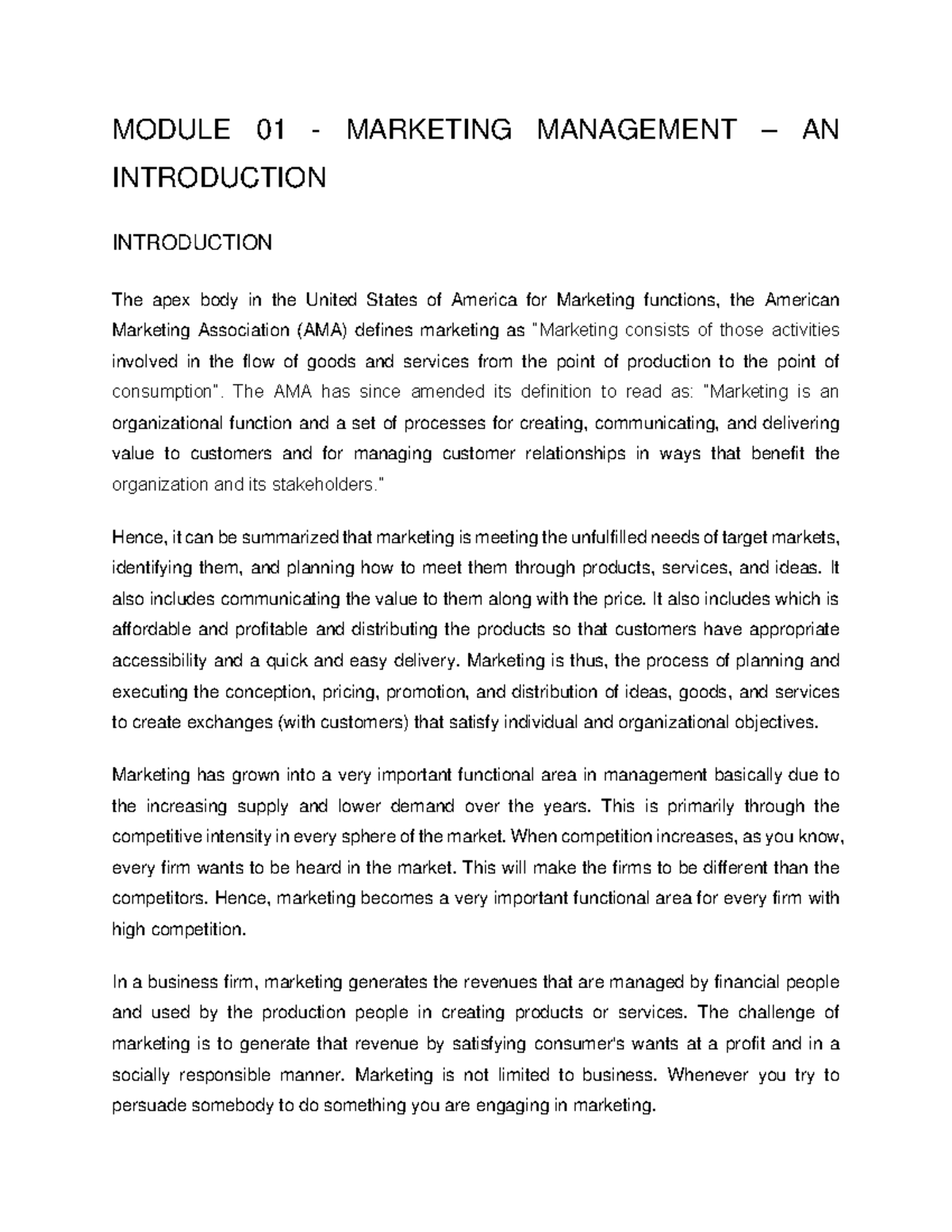 Module 01 - Intro to Marketing Management: Concepts & Definitions - Studocu