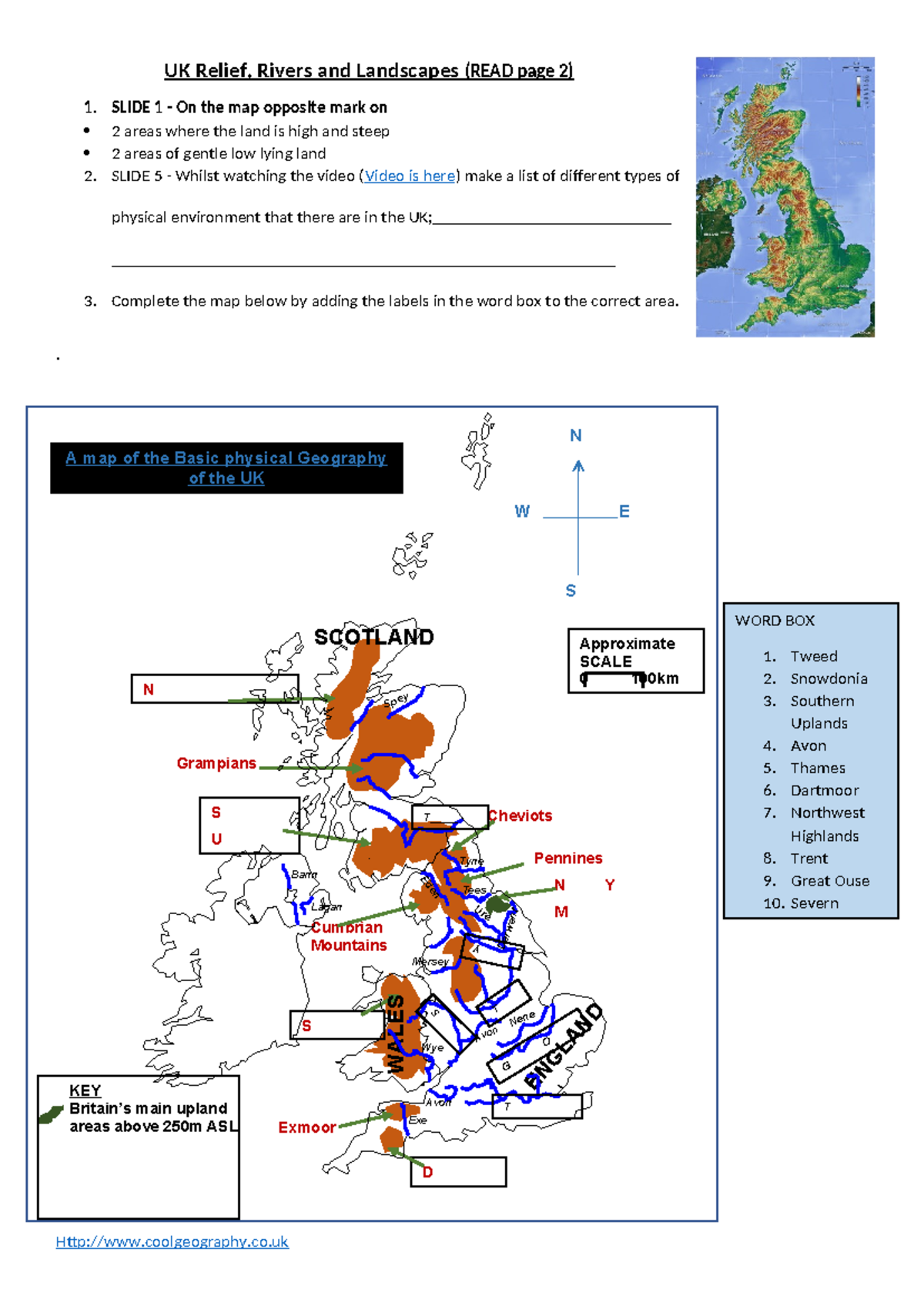 UK Physical Geography Worksheet: Relief, Rivers, and Landscapes Study ...
