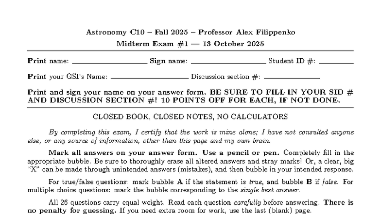 Astronomy C10 Fall 2025 Midterm Exam Study Guide - Studocu