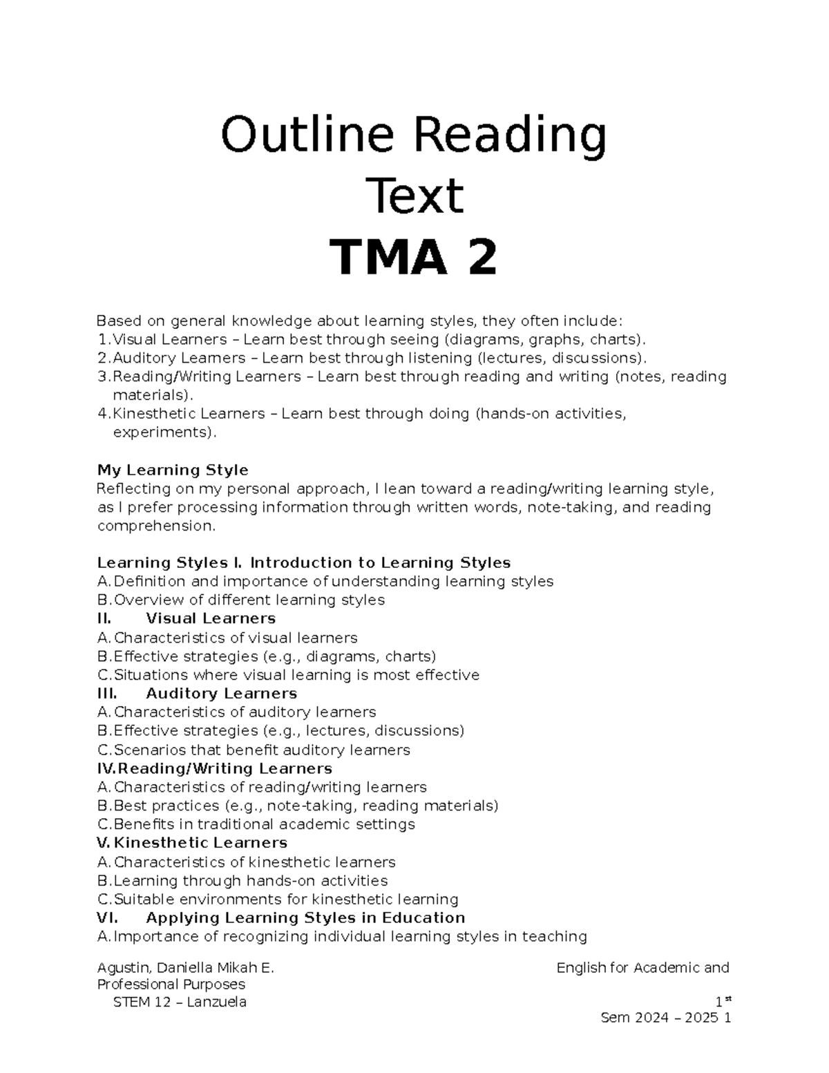TMA 2 - summaries of the lecture - Outline Reading Text TMA 2 Based on ...
