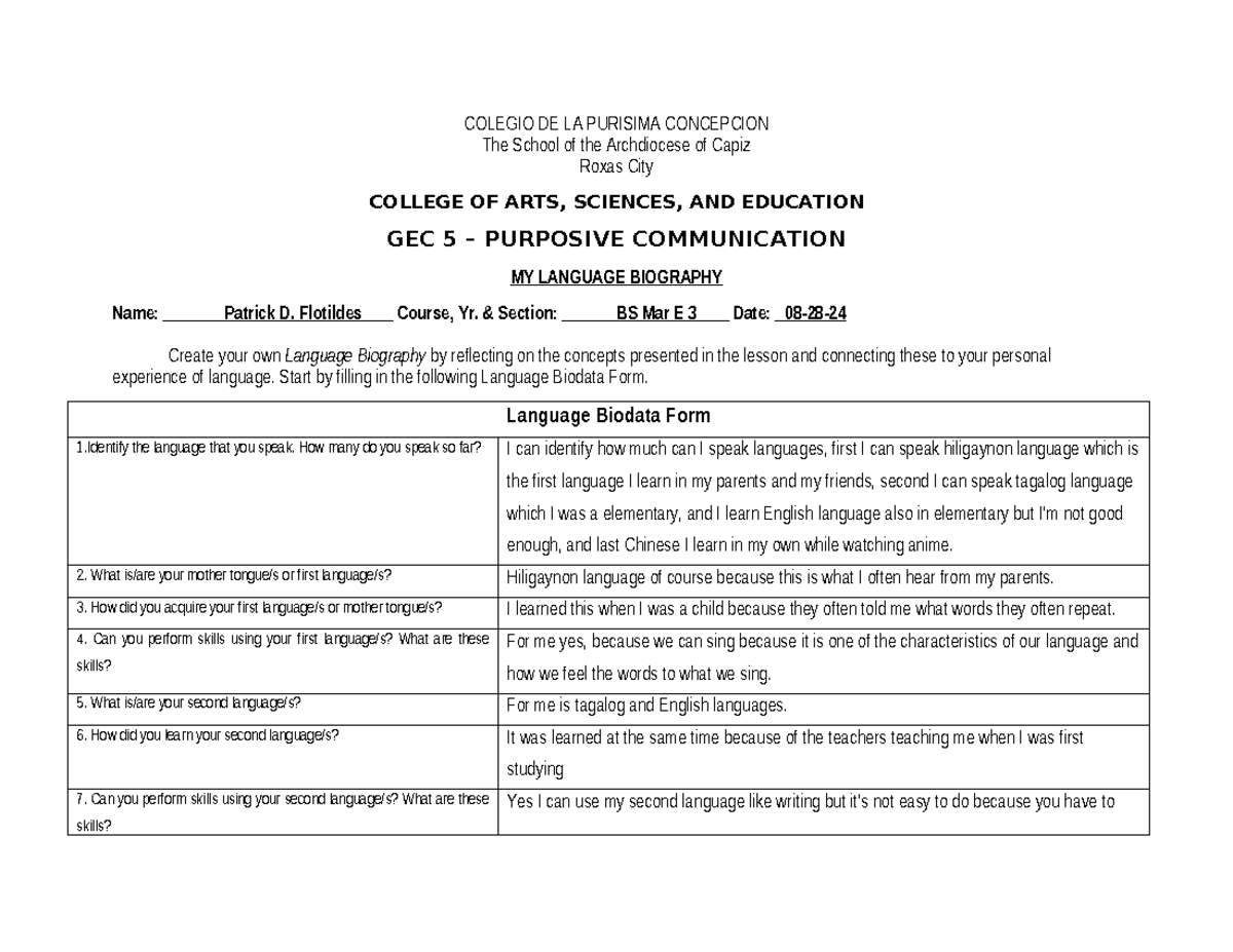 MY Language Biography GEC 5 - COLEGIO DE LA PURISIMA CONCEPCION The ...