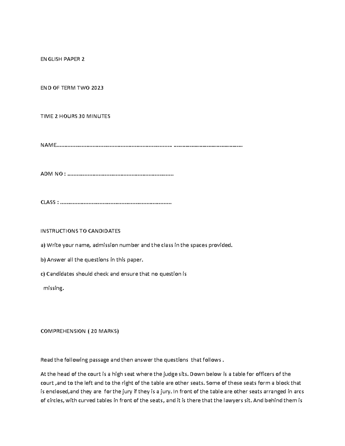 F3 ENG PP2 Revision Questions - End of Term 2023 - Studocu