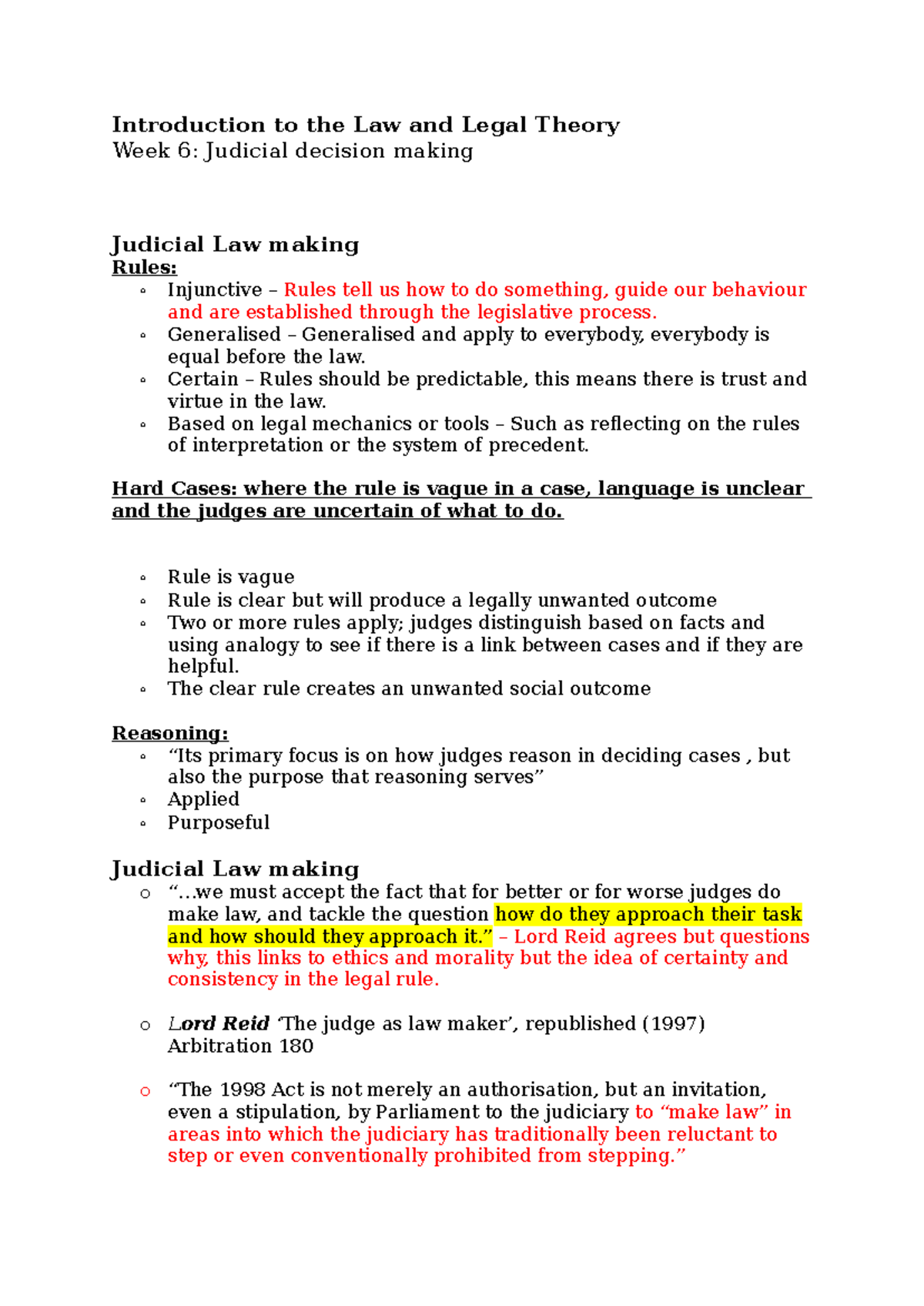 Judicial Law Making: Week 6 Summary for Law 101 - Studocu