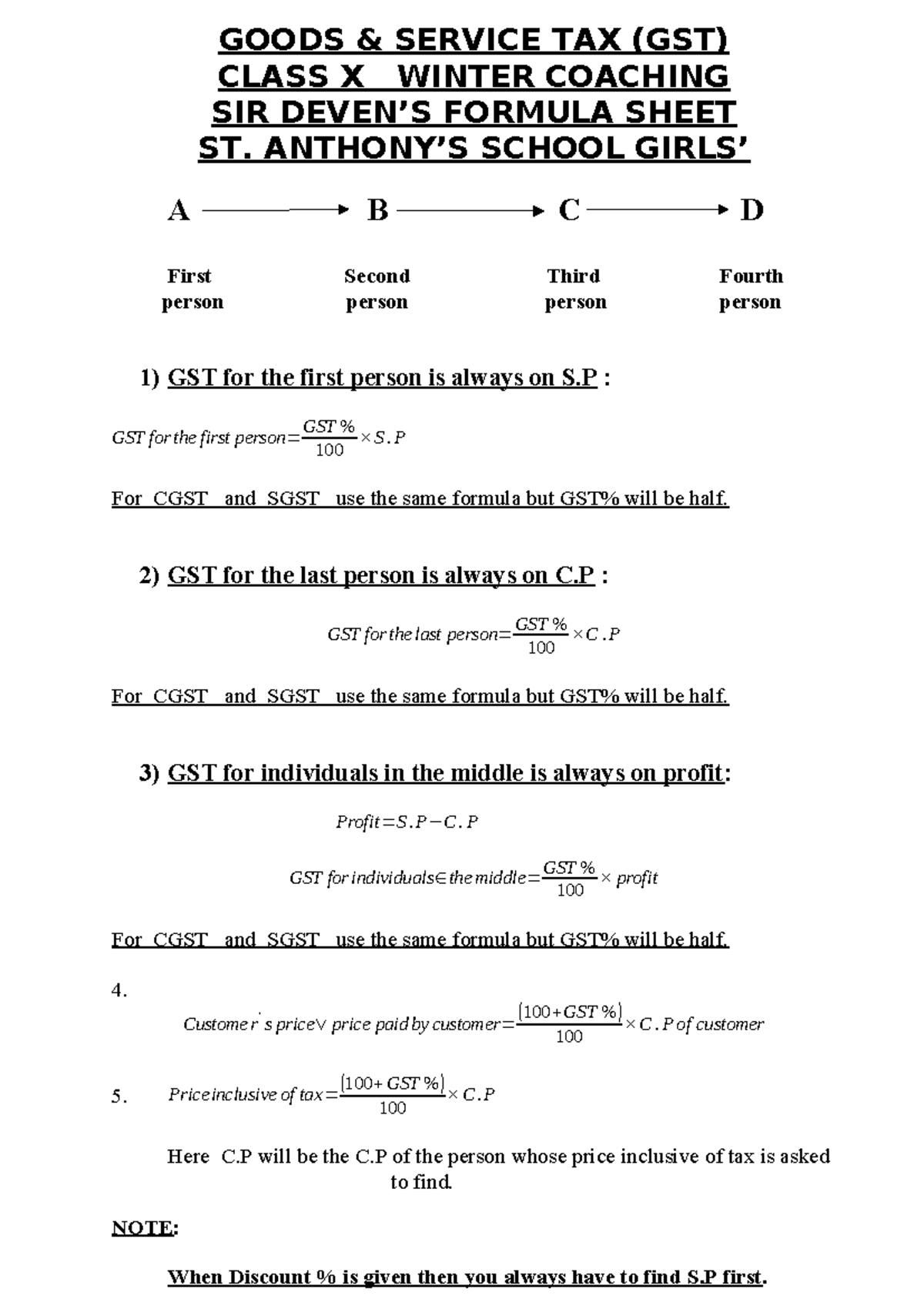 GST Formula Sheet - Class X Winter Coaching - MNATHS - Studocu