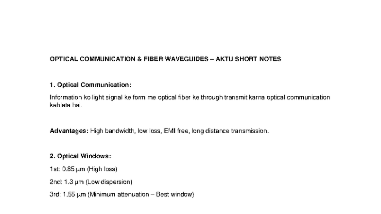 OPTICAL COMMUNICATION FIBER WAVEGUIDES AKTU SHORT NOTES - Studocu