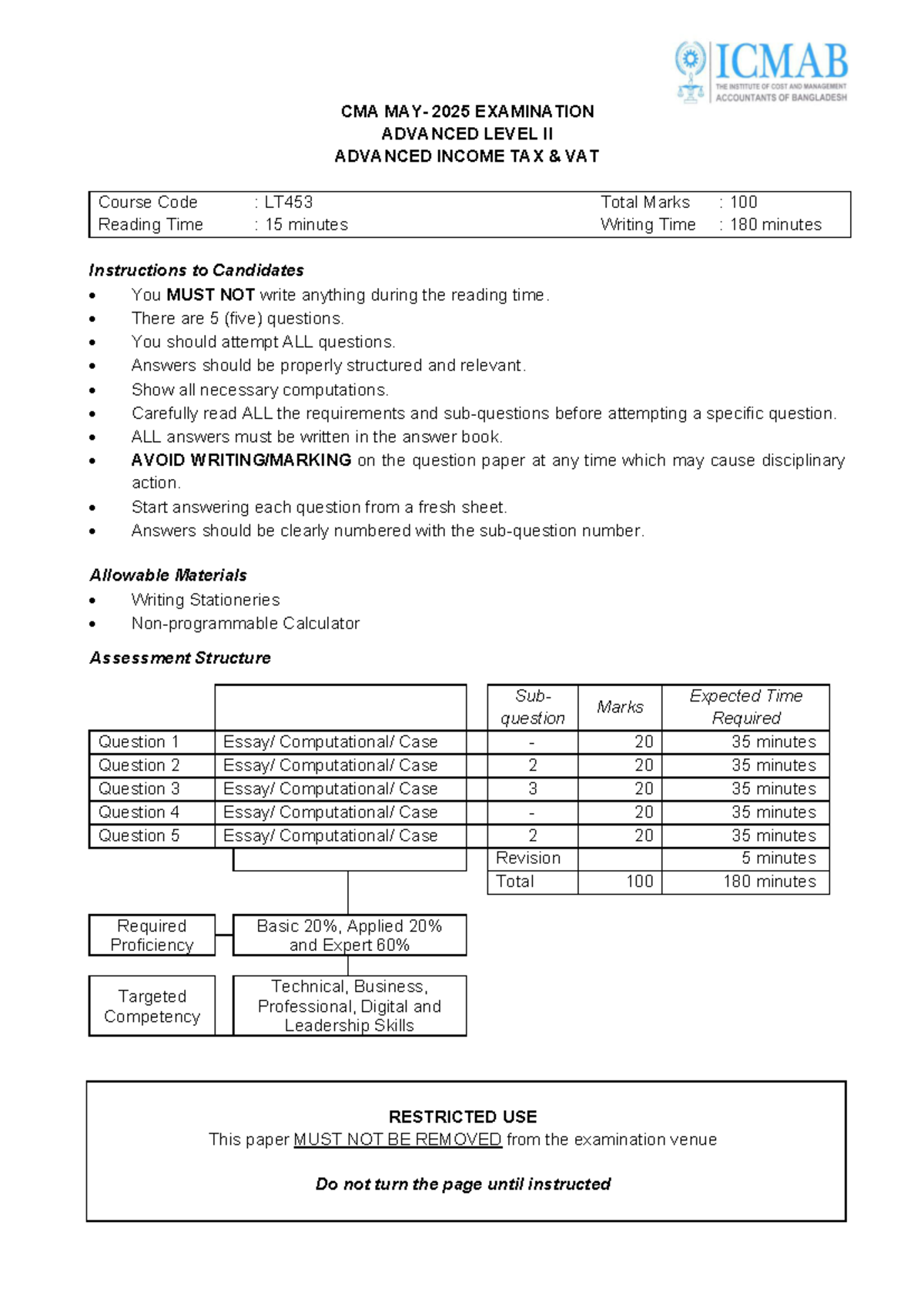 LT453 CMA May 2025 Exam: Advanced Income Tax & VAT Questions - Studocu