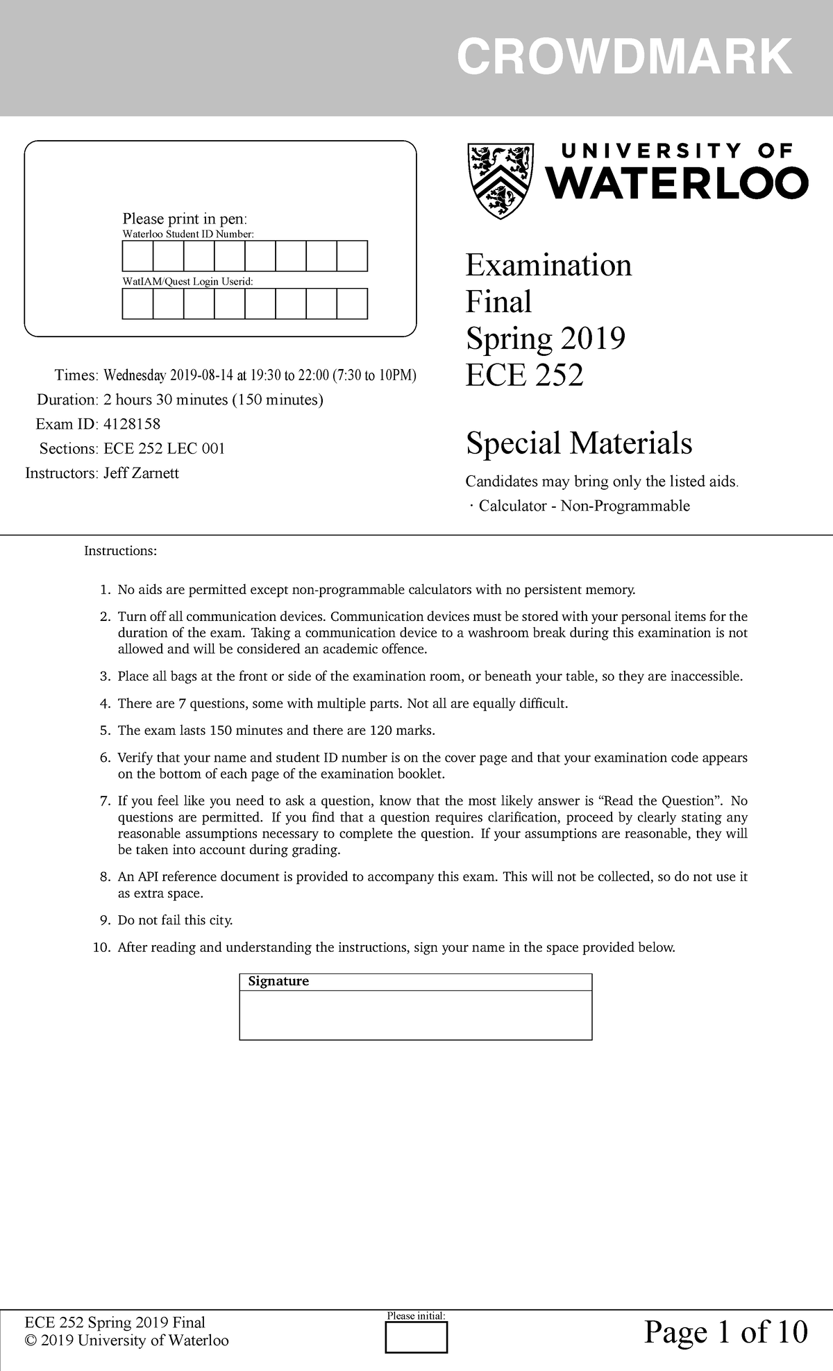ECE 252 Spring 2019 Final Exam Instructions and Guidelines - Studocu
