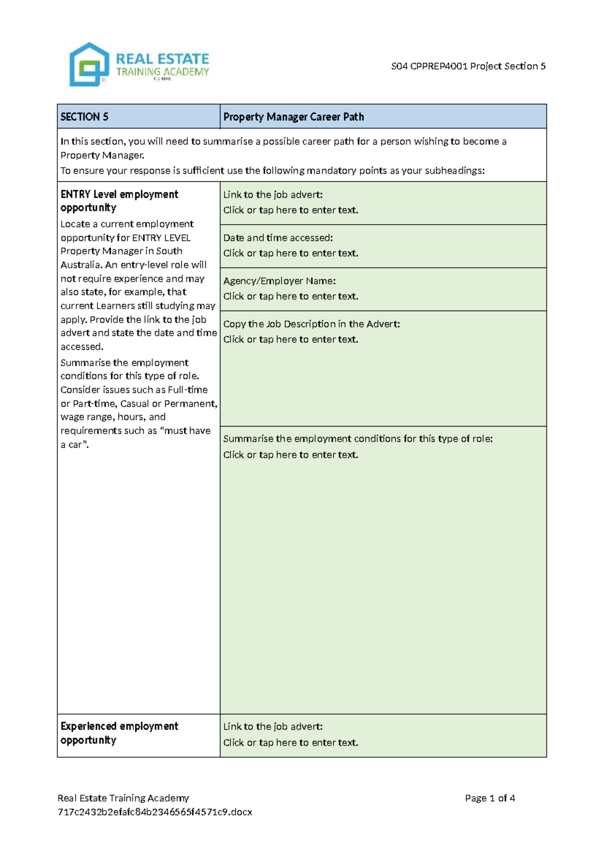 S04 CPPREP4001 Project Section 5: Property Manager Career Path Summary ...