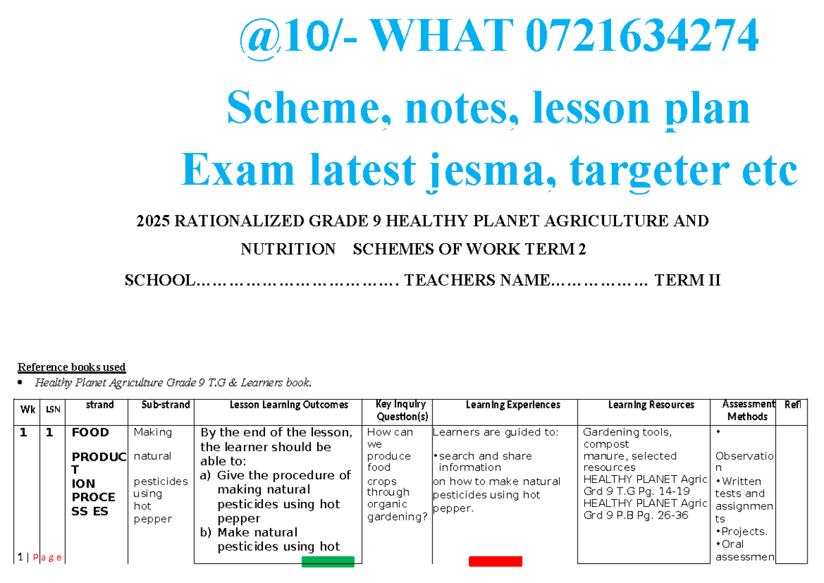 0721634274 Grade 9 Term 2 Agriculture Lesson Plans and Notes - Studocu