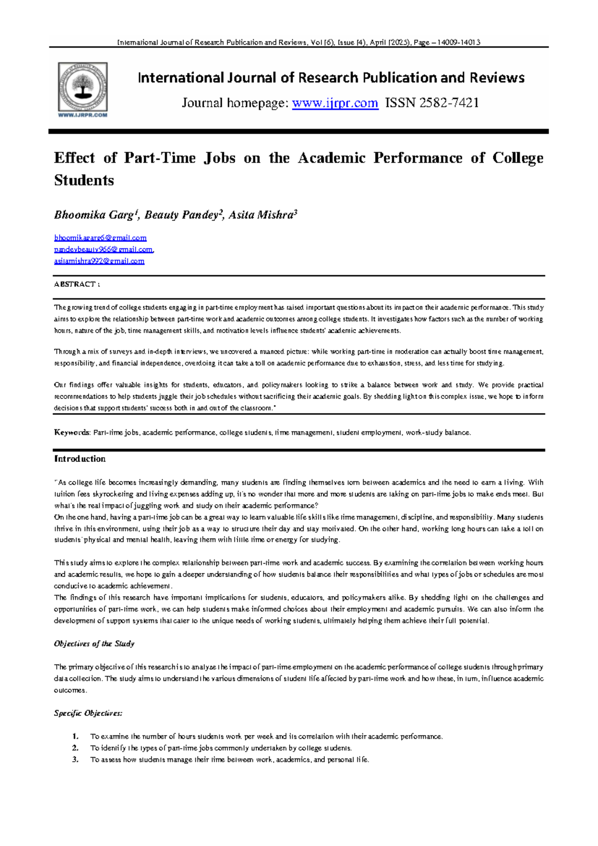 Impact of Jobs on College Students' Academic Performance: IJRPR 43593 ...