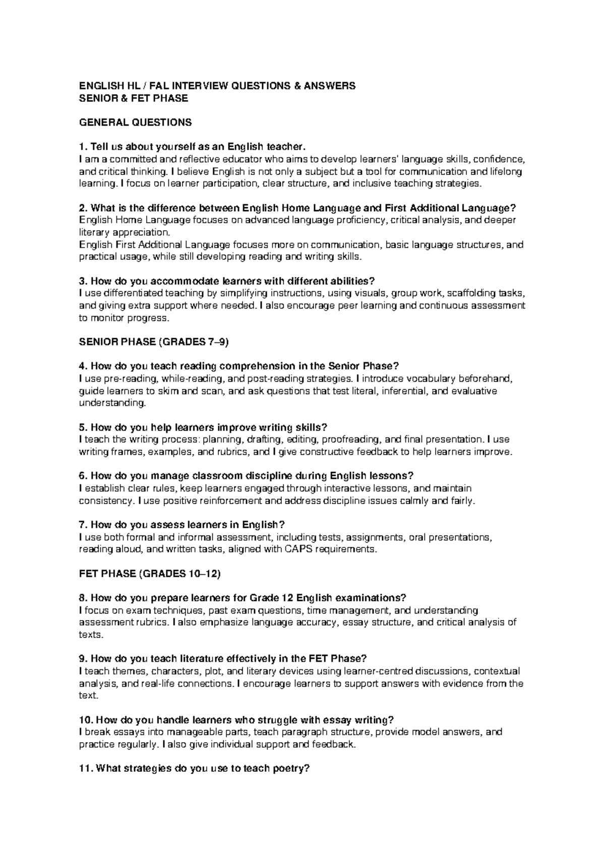 English HL FAL Interview Q&A for Senior FET Phase Educators - Studocu