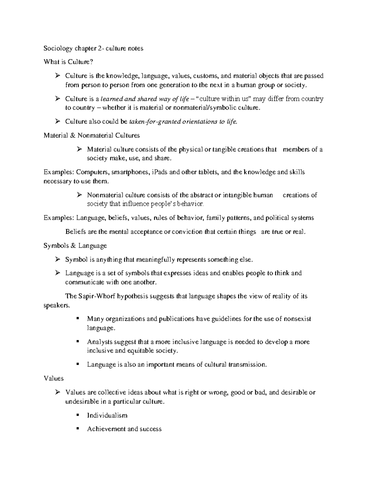 Sociology Chapter 2: Comprehensive Culture Notes and Concepts - Studocu