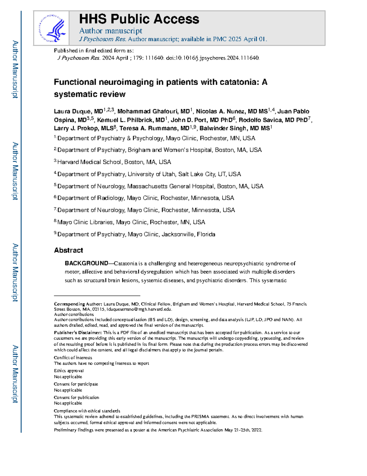 Functional Neuroimaging in Catatonia: A Systematic Review (HHS 2024 ...