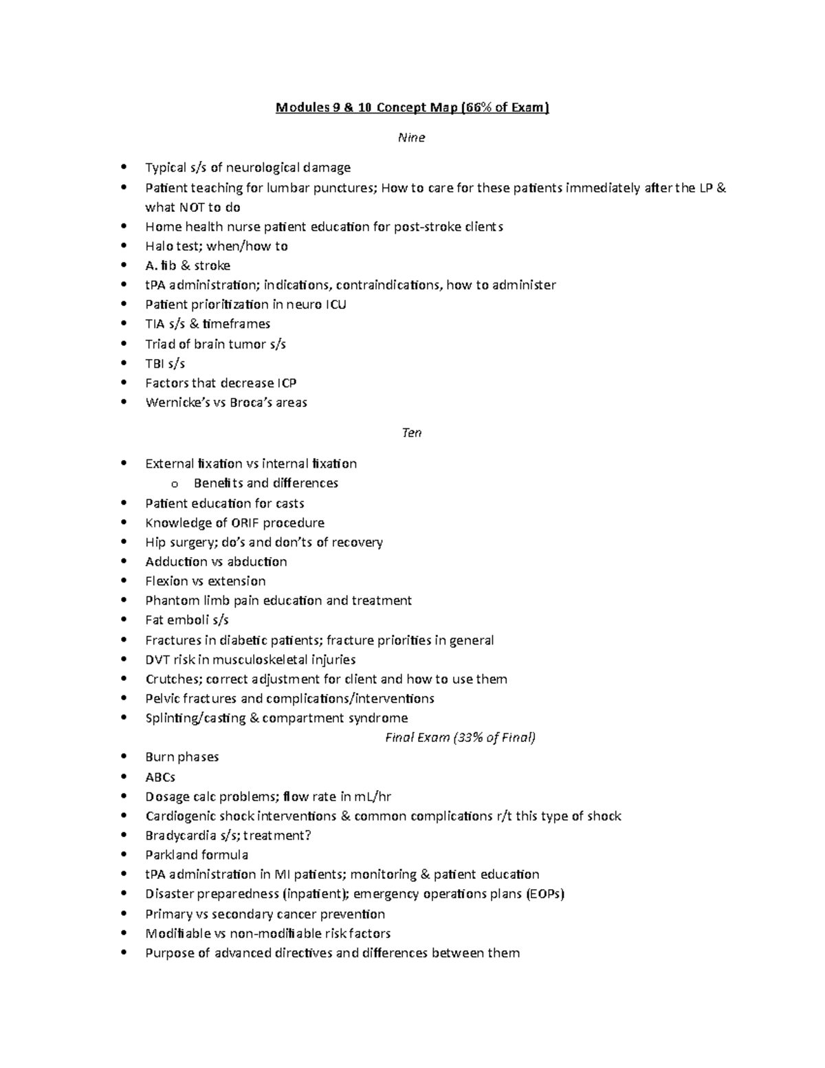 Final Concept Map - Modules 9 & 10 Concept Map (66% of Exam) Nine ...