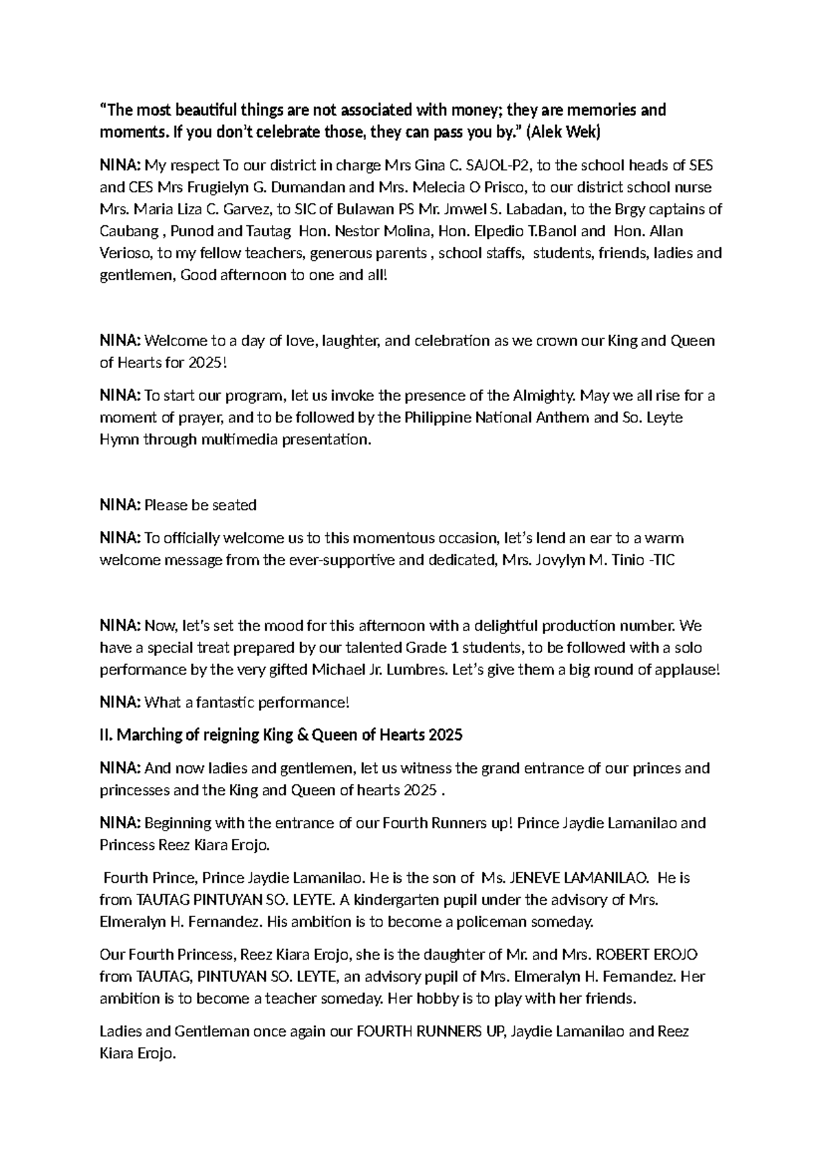 Emcee Script for King and Queen of Hearts 2025 Celebration - Studocu