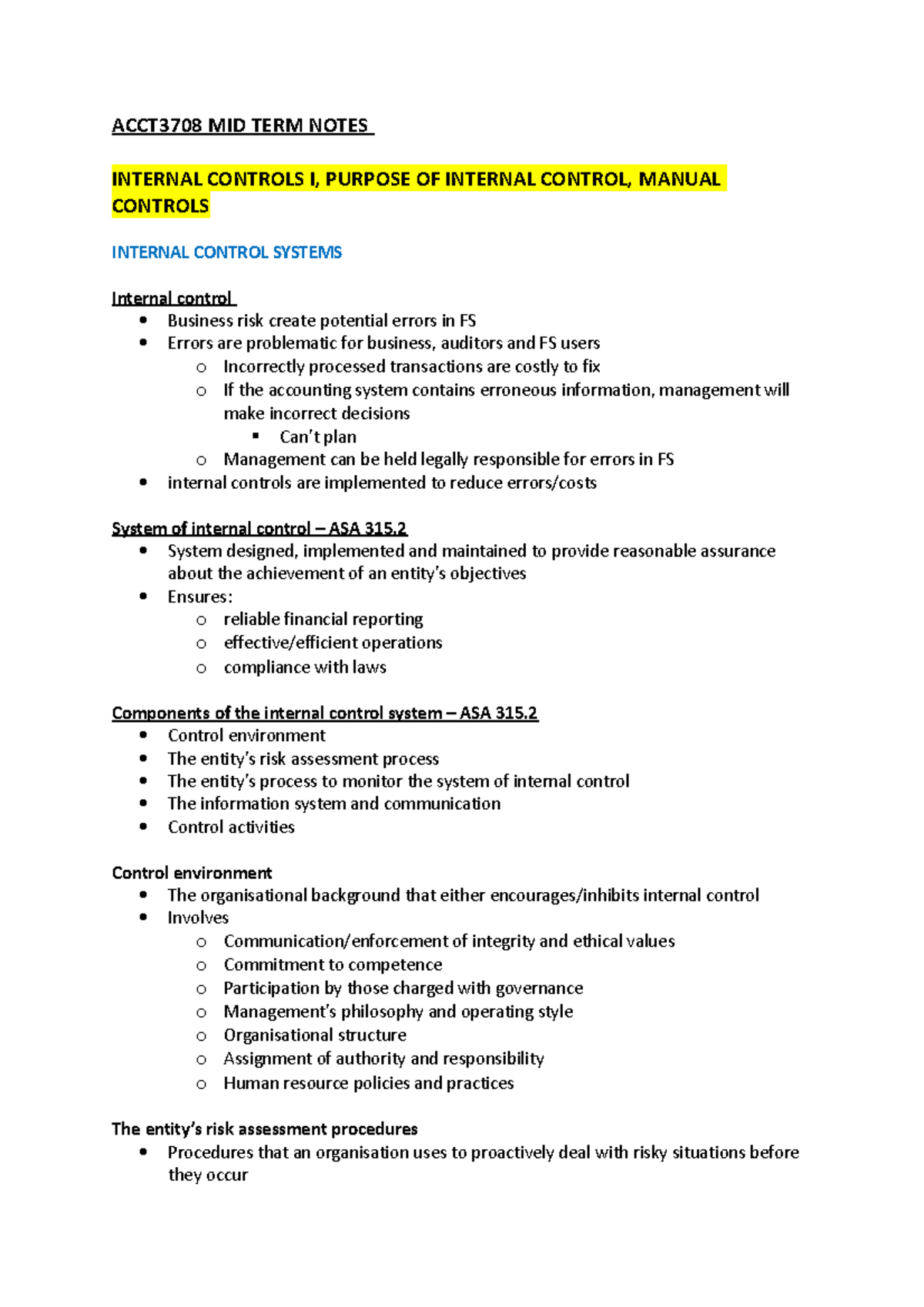 ACCT3708 Mid Term Study Notes: Internal Control Systems Overview - Studocu